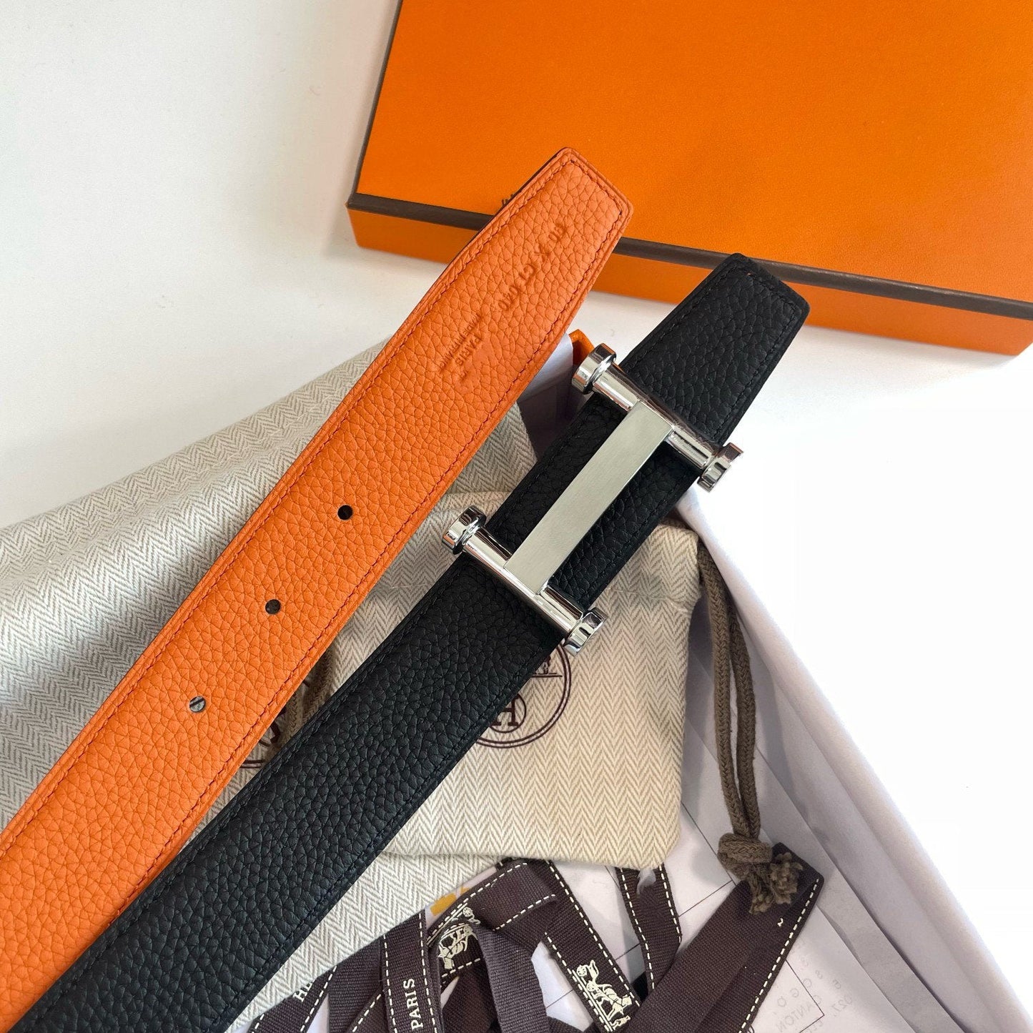 H AGORA BELT 32MM BLACK ORANGE LEATHER