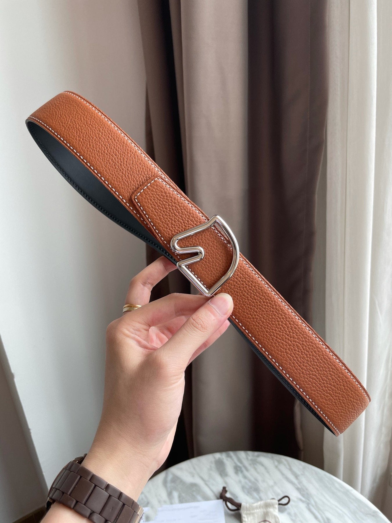 H BELT HORSE BUCKLE BROWN BLACK LEATHER REVERSIBLE 3.8CM
