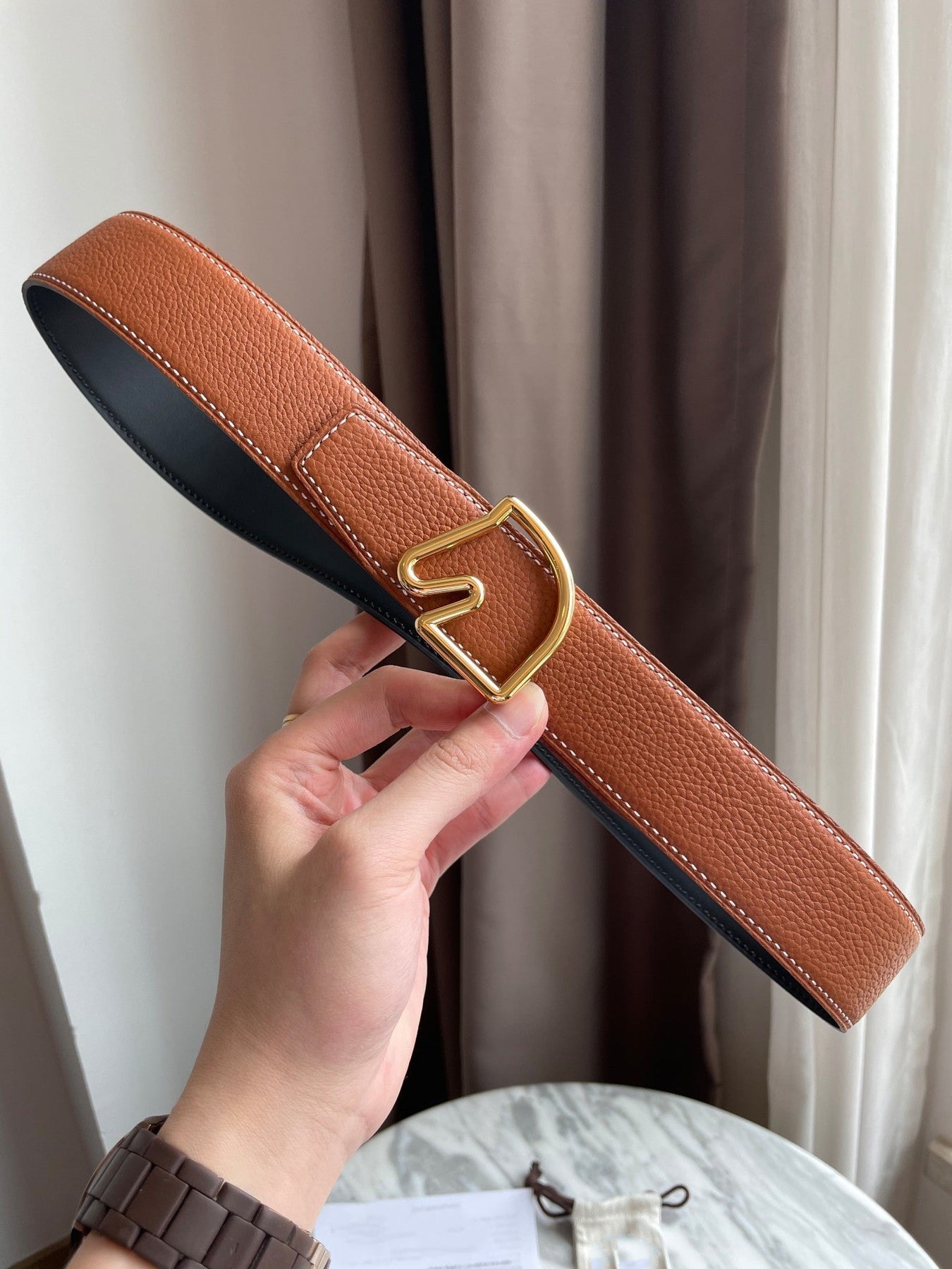 H BELT HORSE BUCKLE BROWN BLACK LEATHER REVERSIBLE 3.8CM