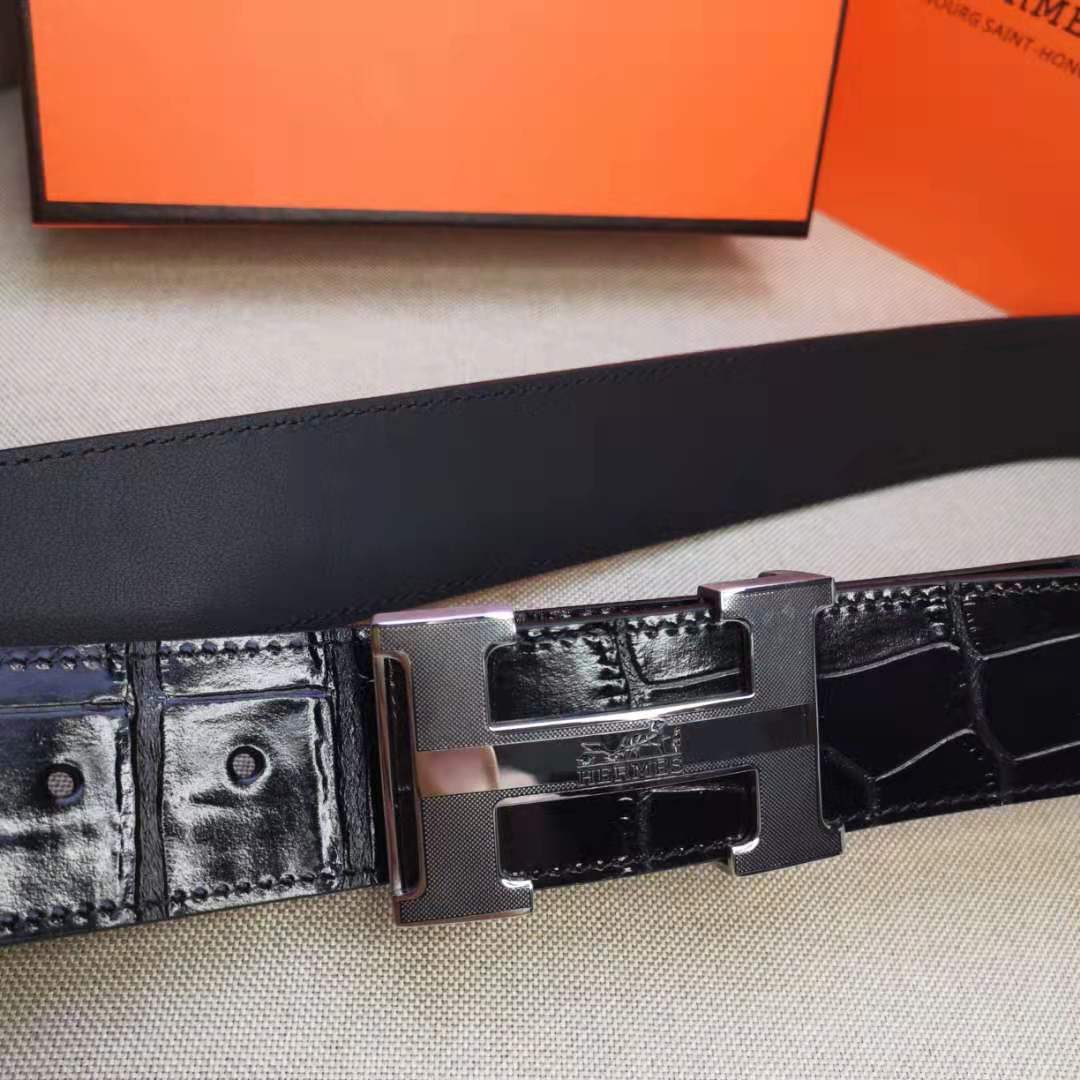 H BELT STEEL BUCKLE CROCODILE-PATTERNED BLACK LEATHER 40MM