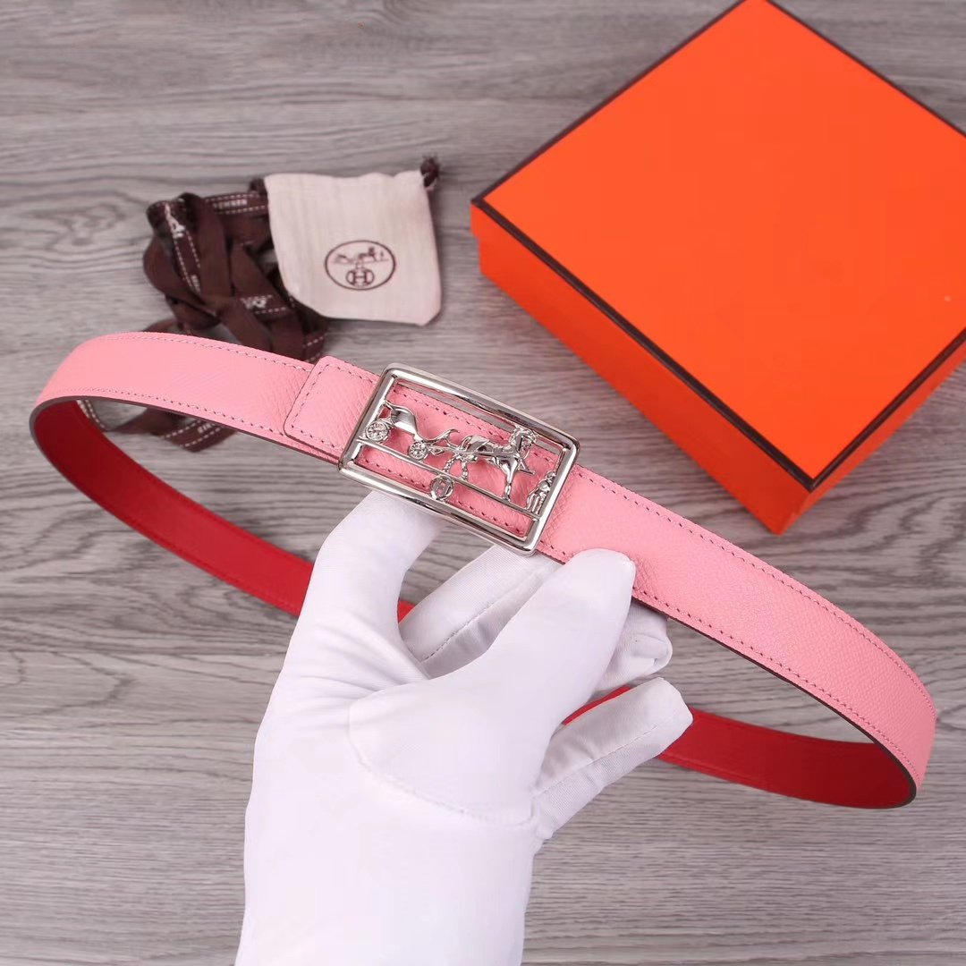 H BELT WOMEN SILVER BUCKLE 24MM ROSE RED LEATHER