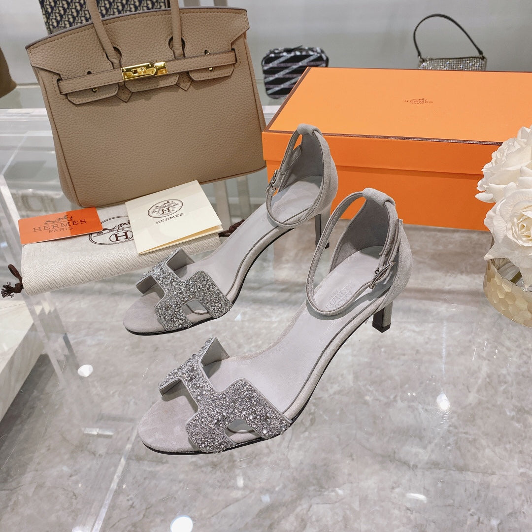PREMIERE 70 SANDAL IN PALE GRAY SUEDE WITH CRYSTALS