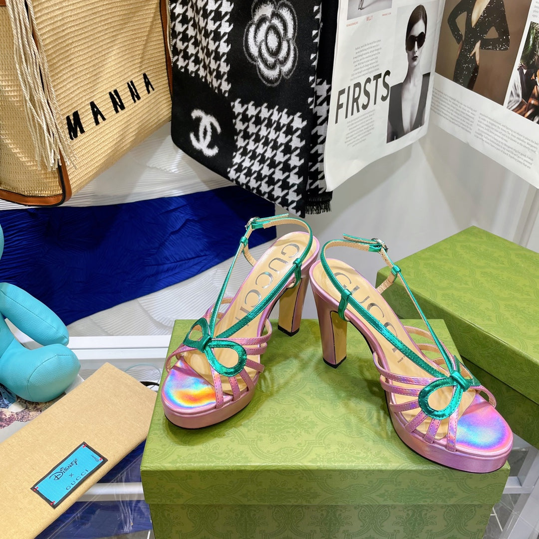 GG HIGH HEEL SANDAL HOT PINK AND JADE GREEN LAMBSKIN