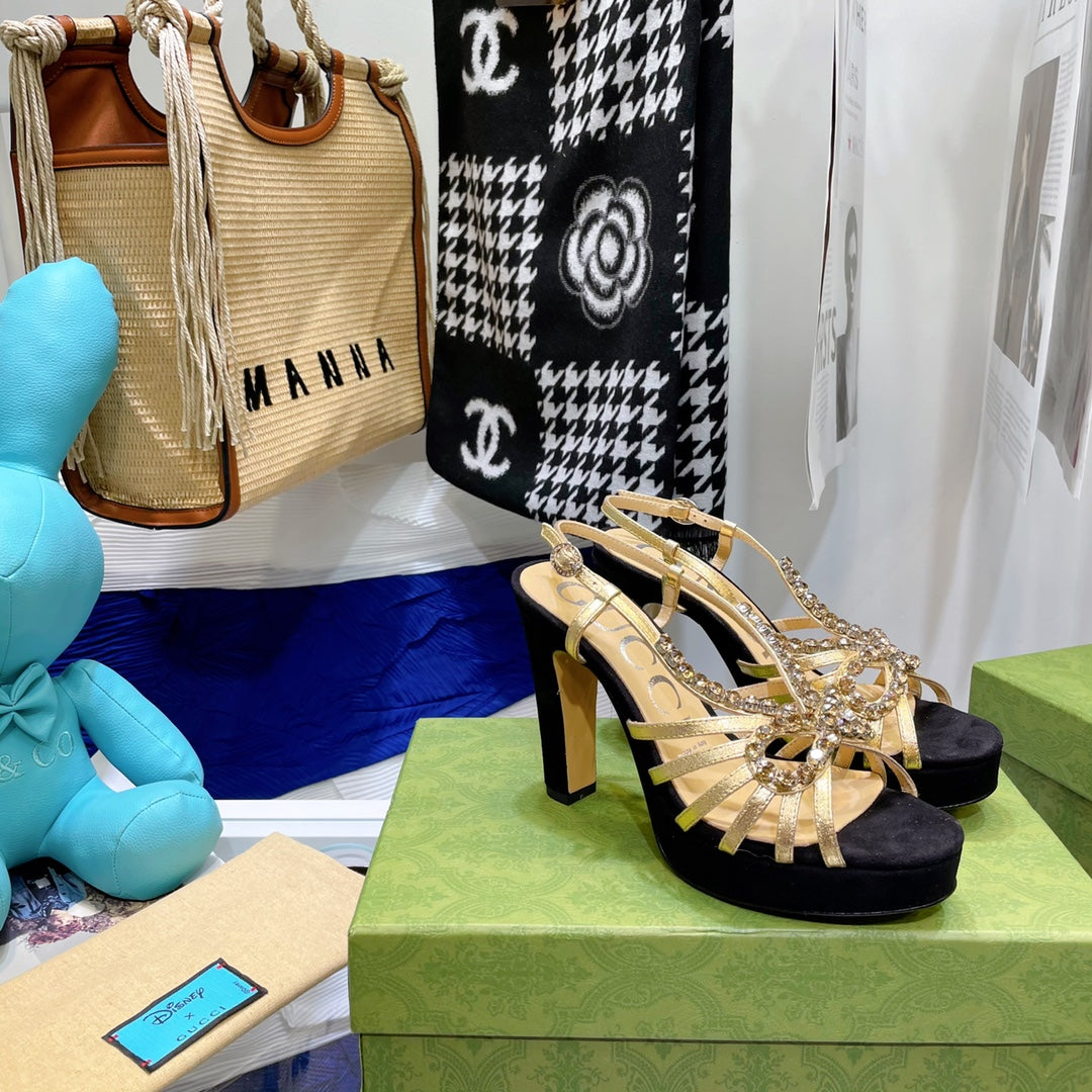 GG CRYSTAL HIGH HEEL SANDAL BLACK LAMBSKIN