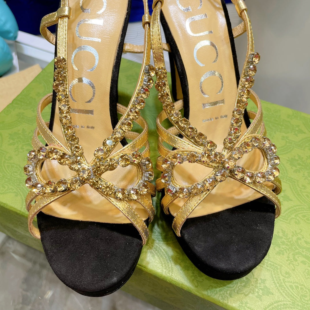 GG CRYSTAL HIGH HEEL SANDAL BLACK LAMBSKIN