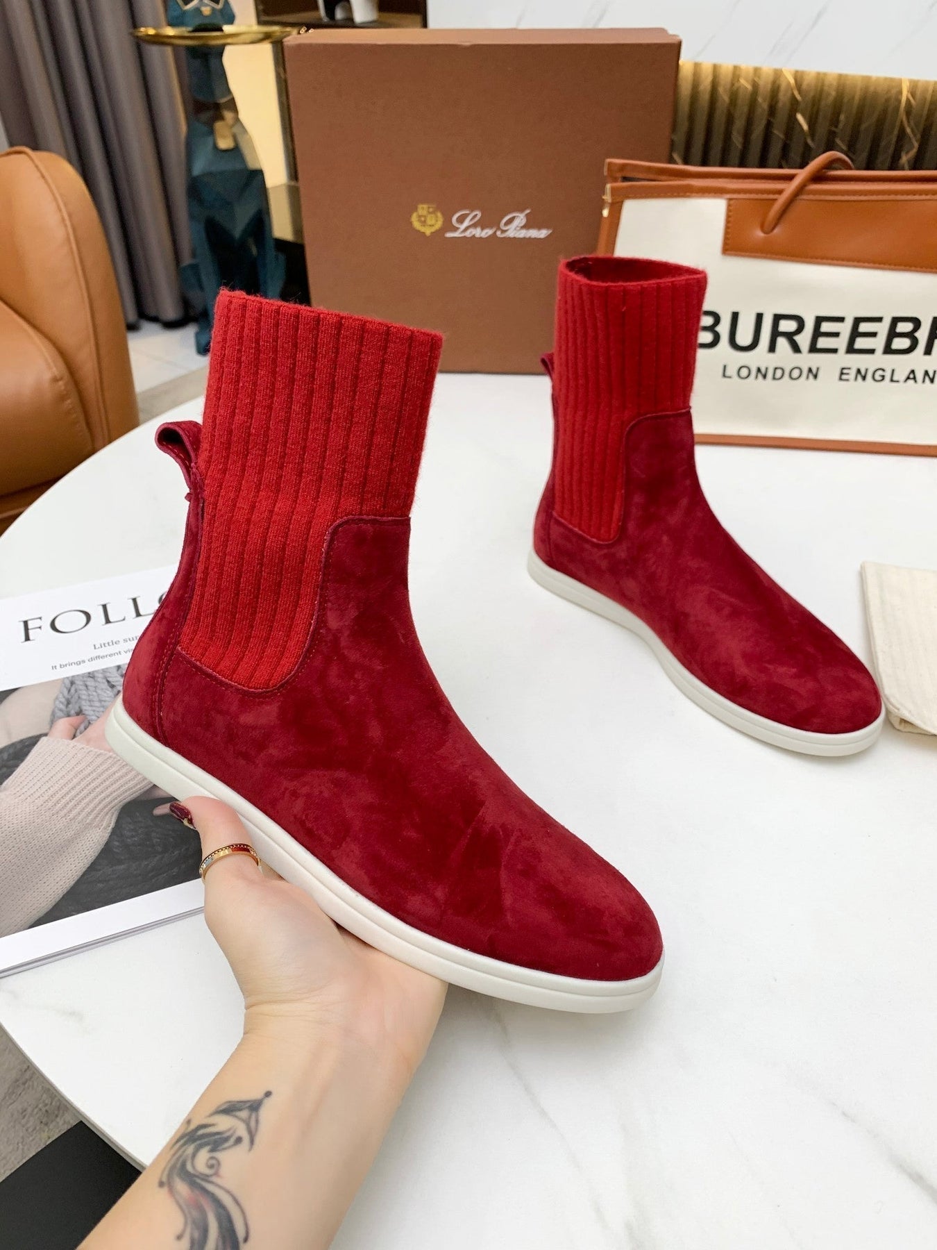 LP COCOON WALK ANKLE BOOTS CHERRY CASHMERE FABRIC