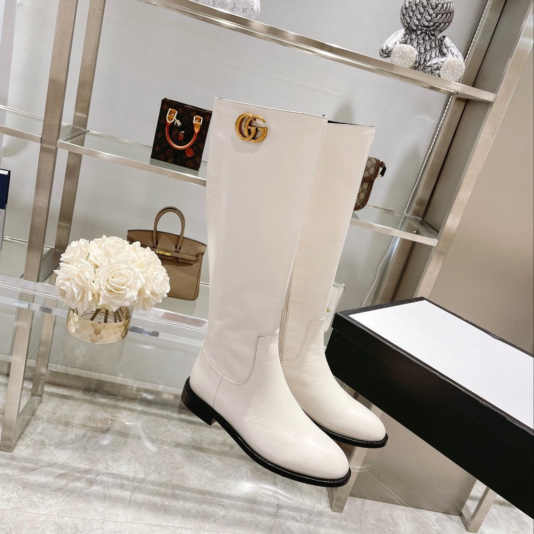 GG CLASSIC KNEE HIGH BOOTS IN WHITE IMPORTED CALFSKIN