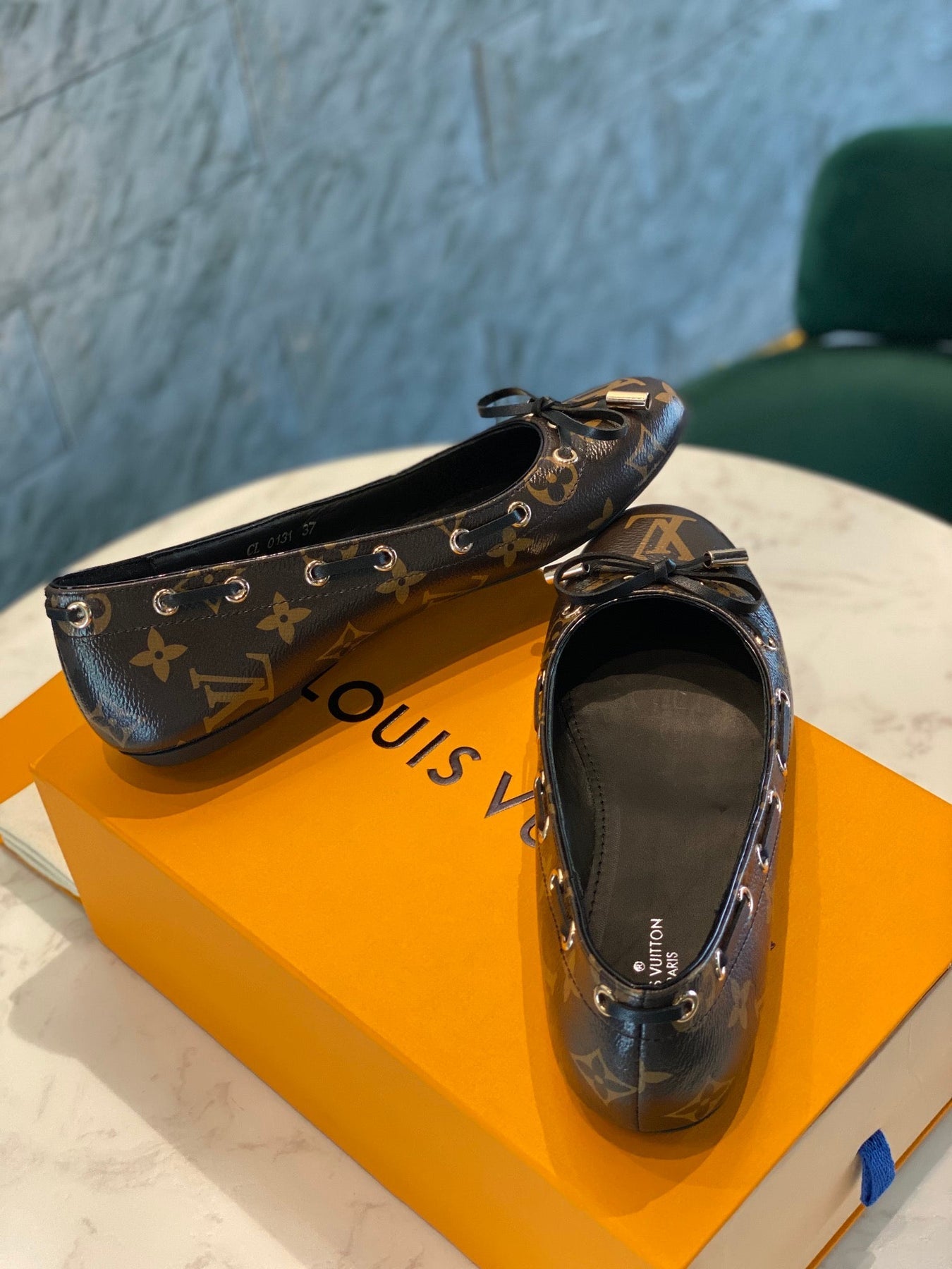 LV WOMEN'S BALLET FLAT IN CHOCOLATE BROWN MONOGRAM CALFSKIN WITH BOW