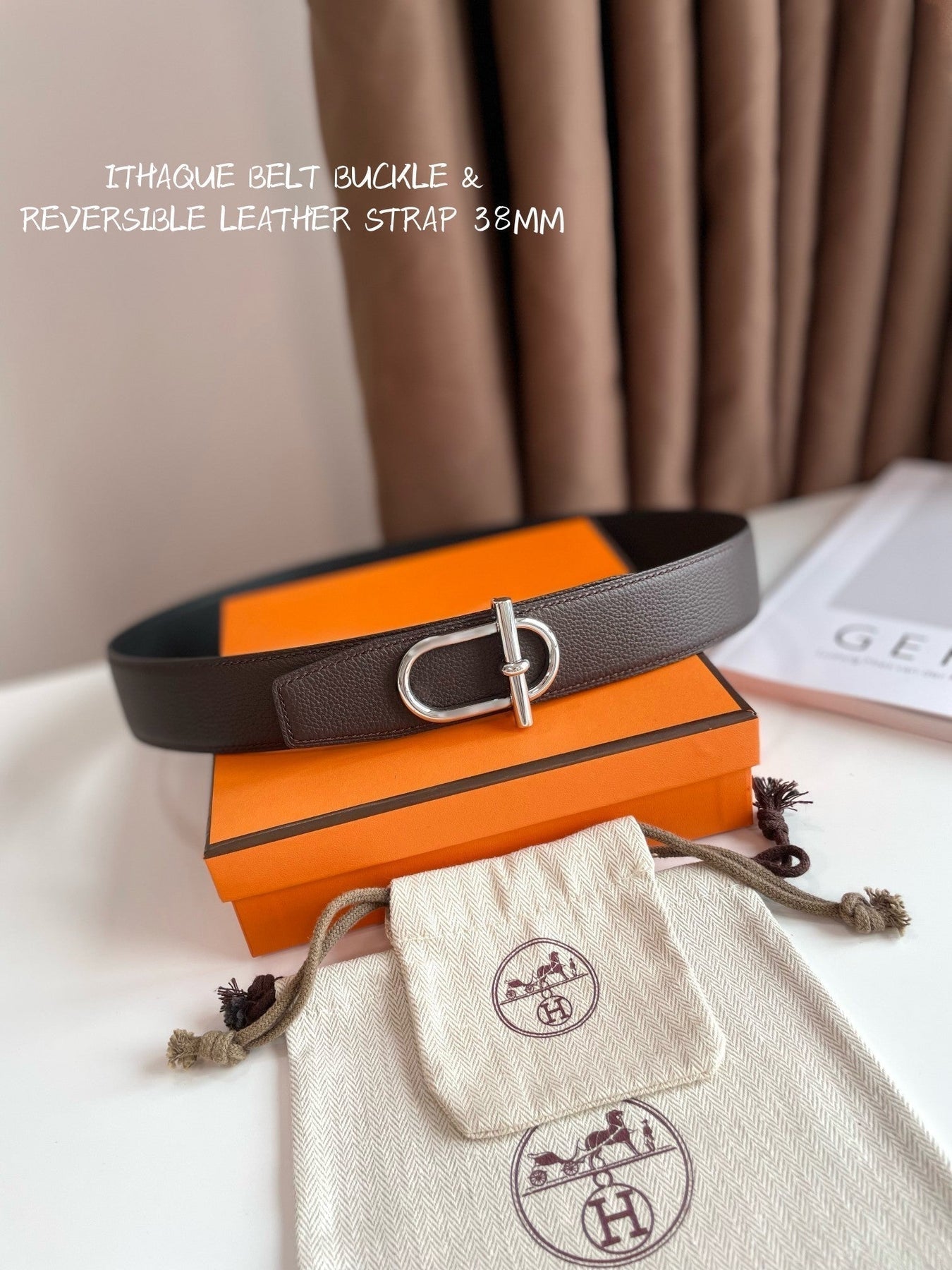 HM ITHAQUE BELT SILVER BUCKLE & REVERSIBLE CHOCOLATE BROWN AND BLACK LEATHER STRAP 38MM