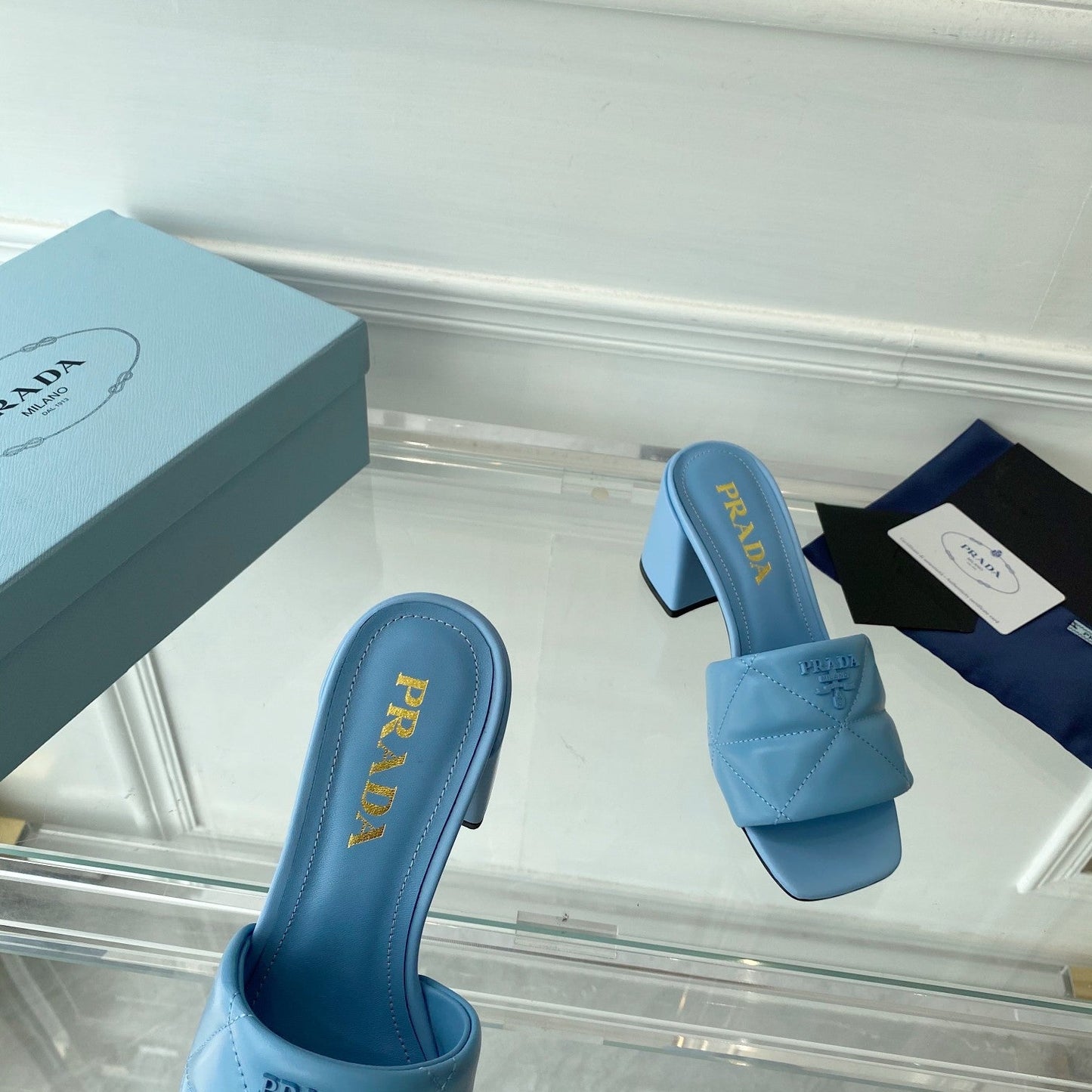 PRA QUILTED NAPPA HEELED SANDALS SKY LAMBSKIN