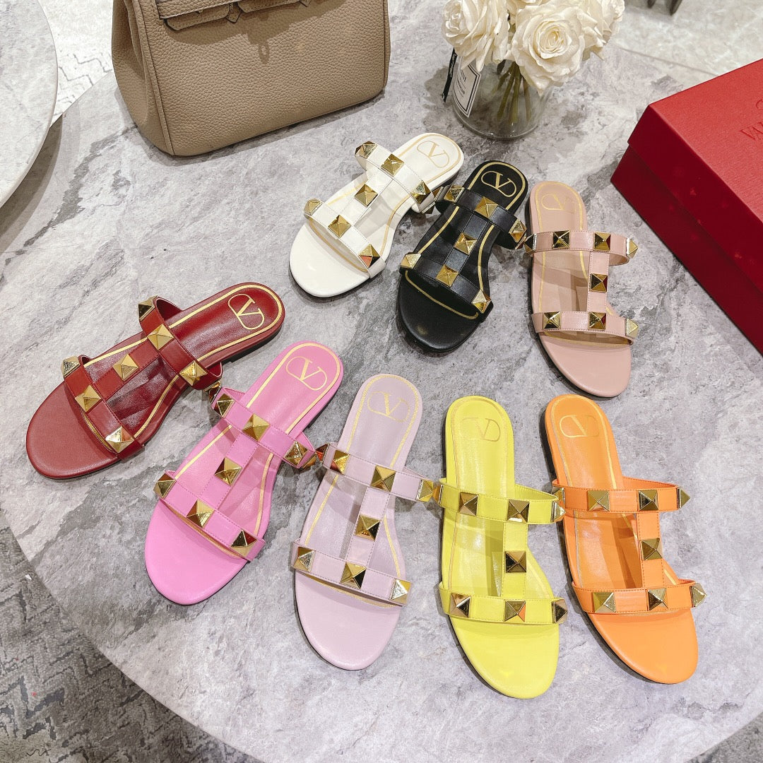 ROMAN STUD MANGO ORANGE CALFSKIN FLAT SLIDE SANDAL 25 MM