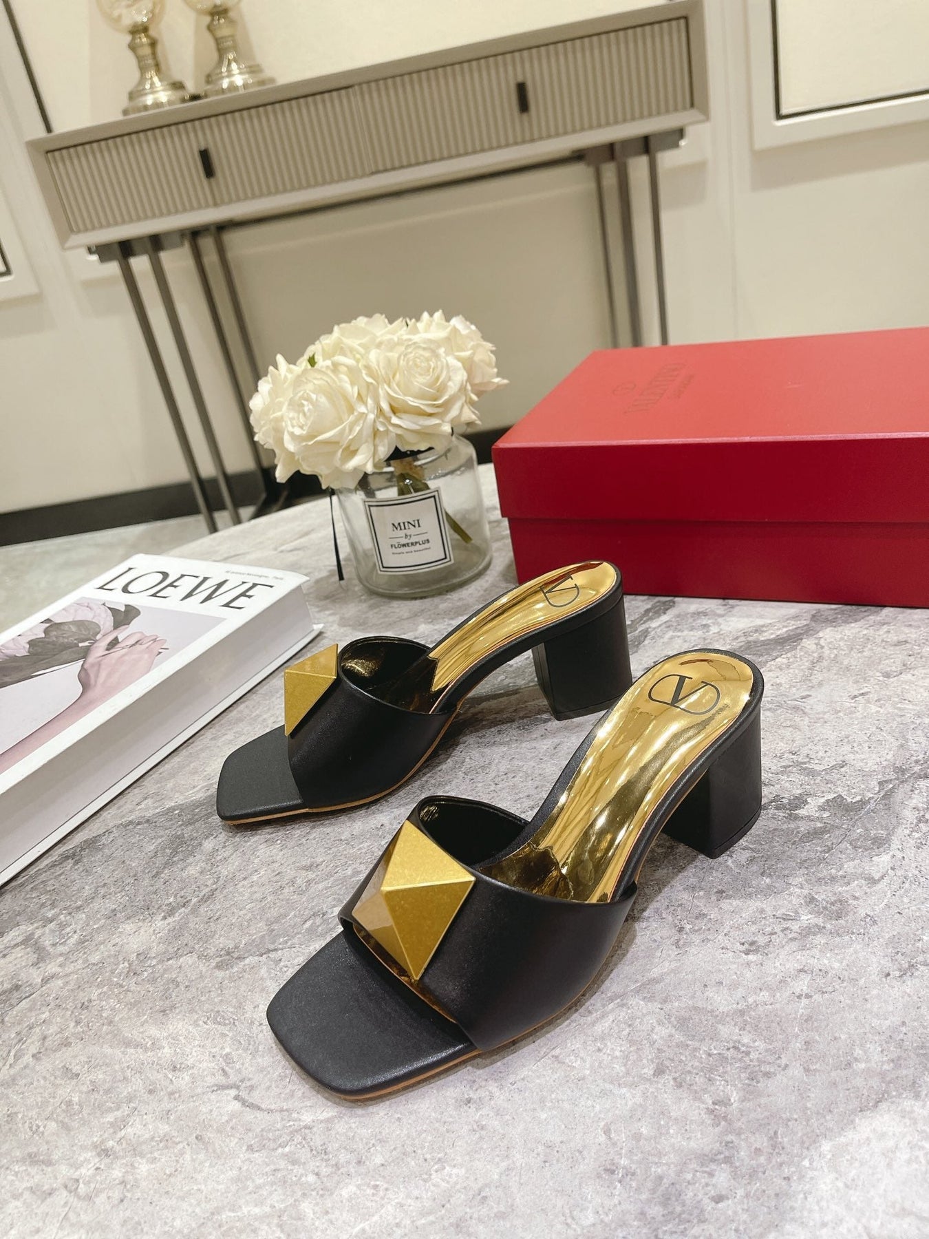 ONE STUD HEELED MULE 60 MM IN BLACK CALFSKIN