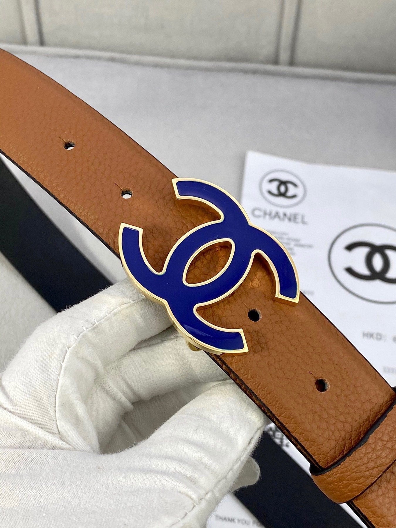 CC 30MM BELT IN BRONZE BROWN GRAINED CALFSKIN WITH NAVY BLUE METAL LOGO