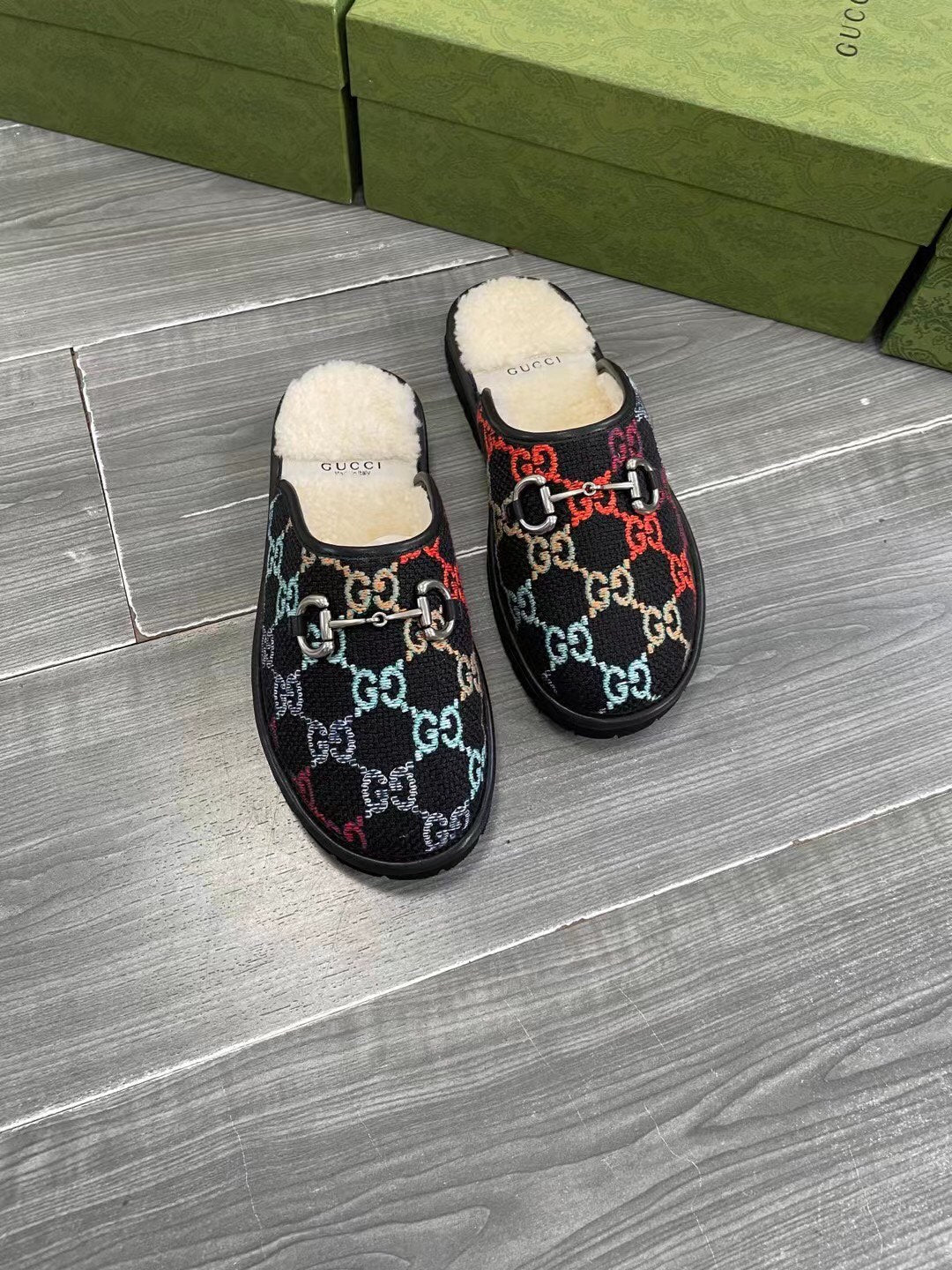 GG SUPREME MULE IN COLORFUL CANVAS AND WOOL LINING