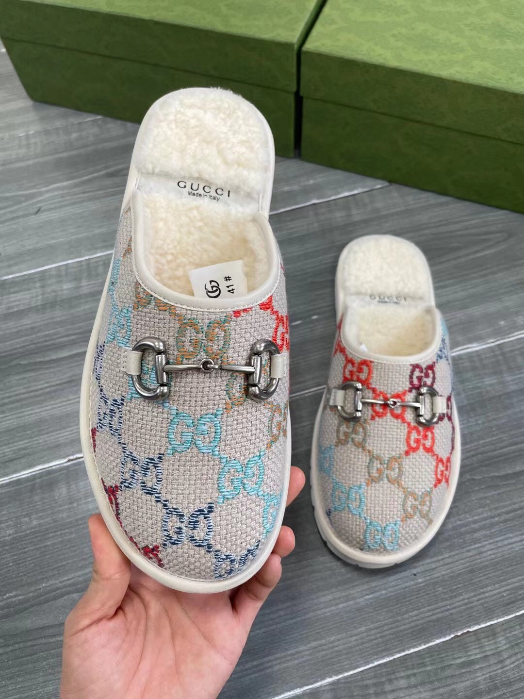GG SUPREME MULE IN COLORFUL CANVAS AND WOOL LINING