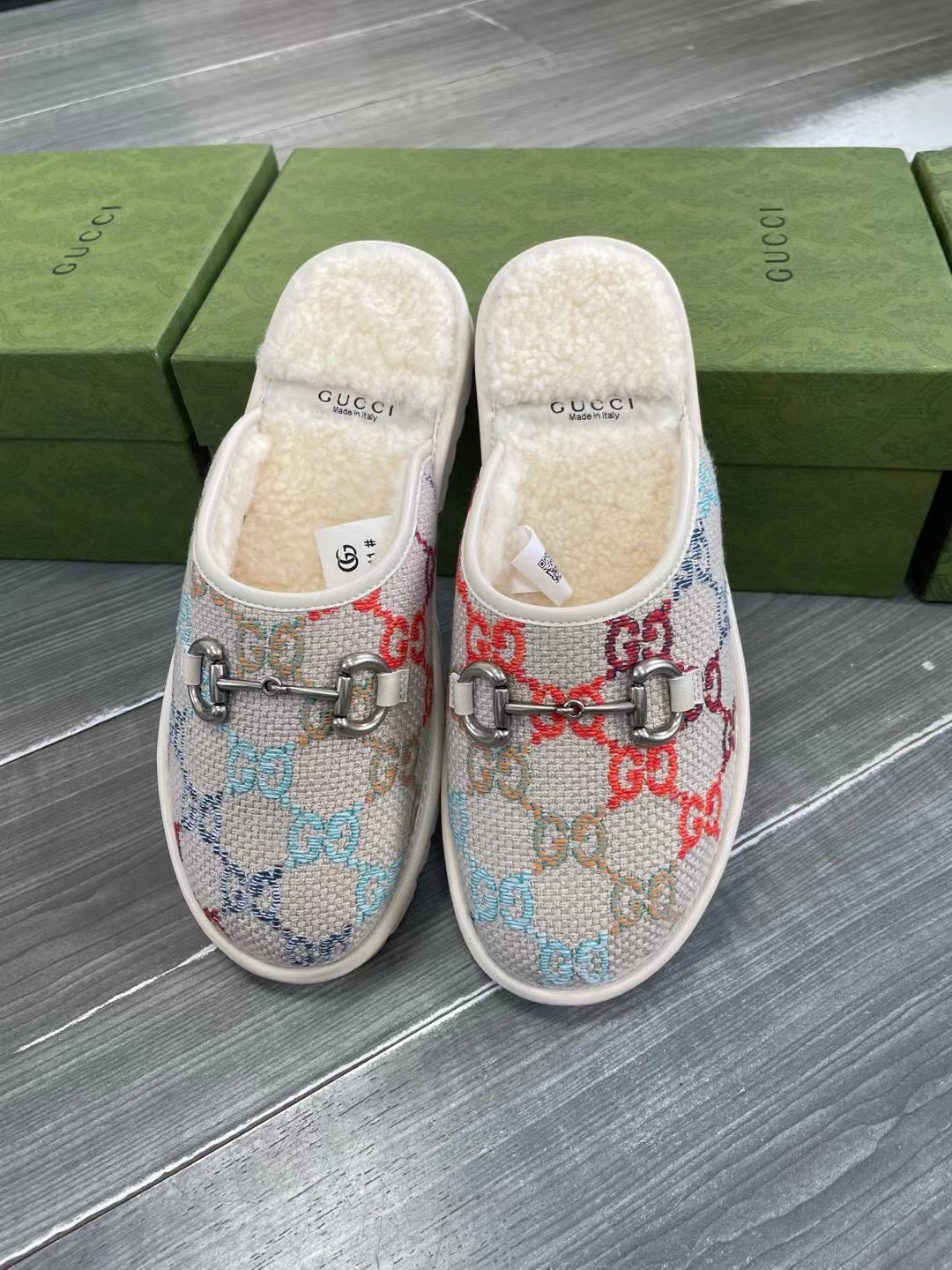 GG SUPREME MULE IN COLORFUL CANVAS AND WOOL LINING
