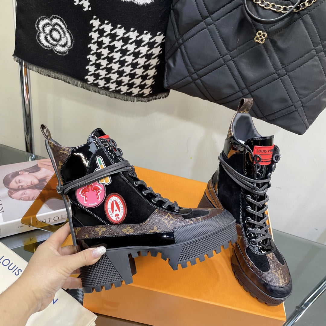 LAUREATE PLATFORM BOOTS IN BLACK SUEDE AND CHOCOLATE BROWN MONOGRAM CALFSKIN