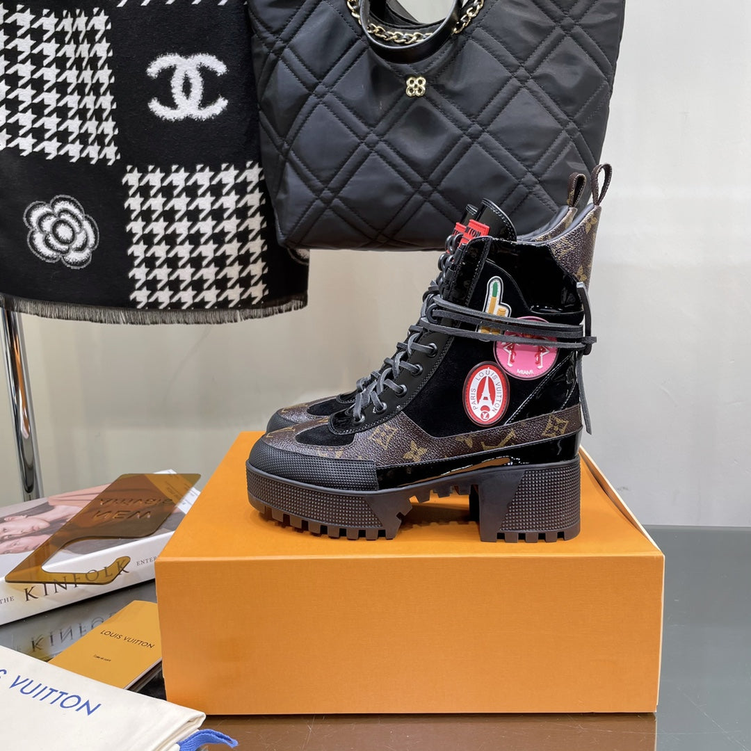 LAUREATE PLATFORM BOOTS IN BLACK SUEDE AND CHOCOLATE BROWN MONOGRAM CALFSKIN