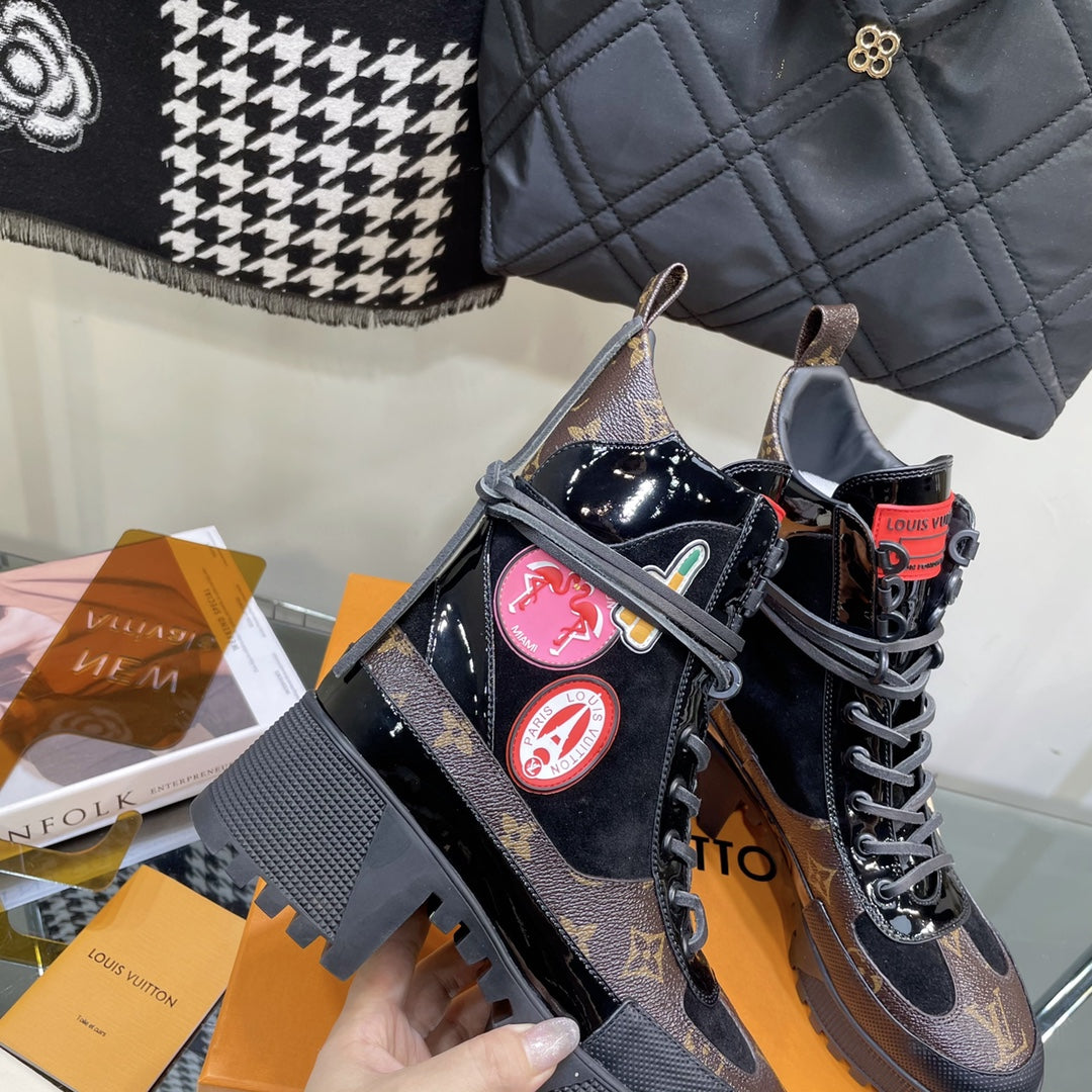 LAUREATE PLATFORM BOOTS IN BLACK SUEDE AND CHOCOLATE BROWN MONOGRAM CALFSKIN
