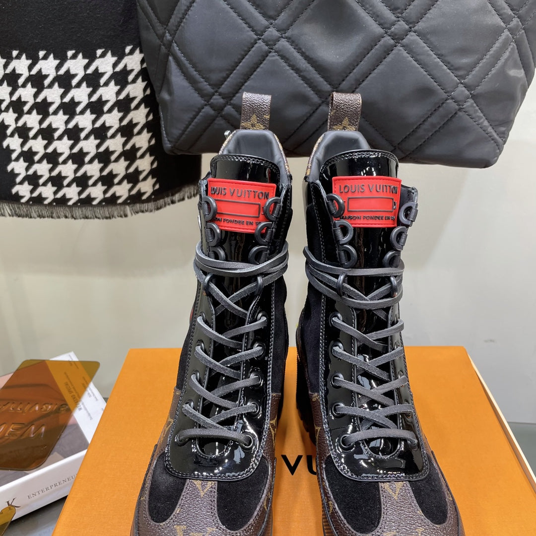 LAUREATE PLATFORM BOOTS IN BLACK SUEDE AND CHOCOLATE BROWN MONOGRAM CALFSKIN