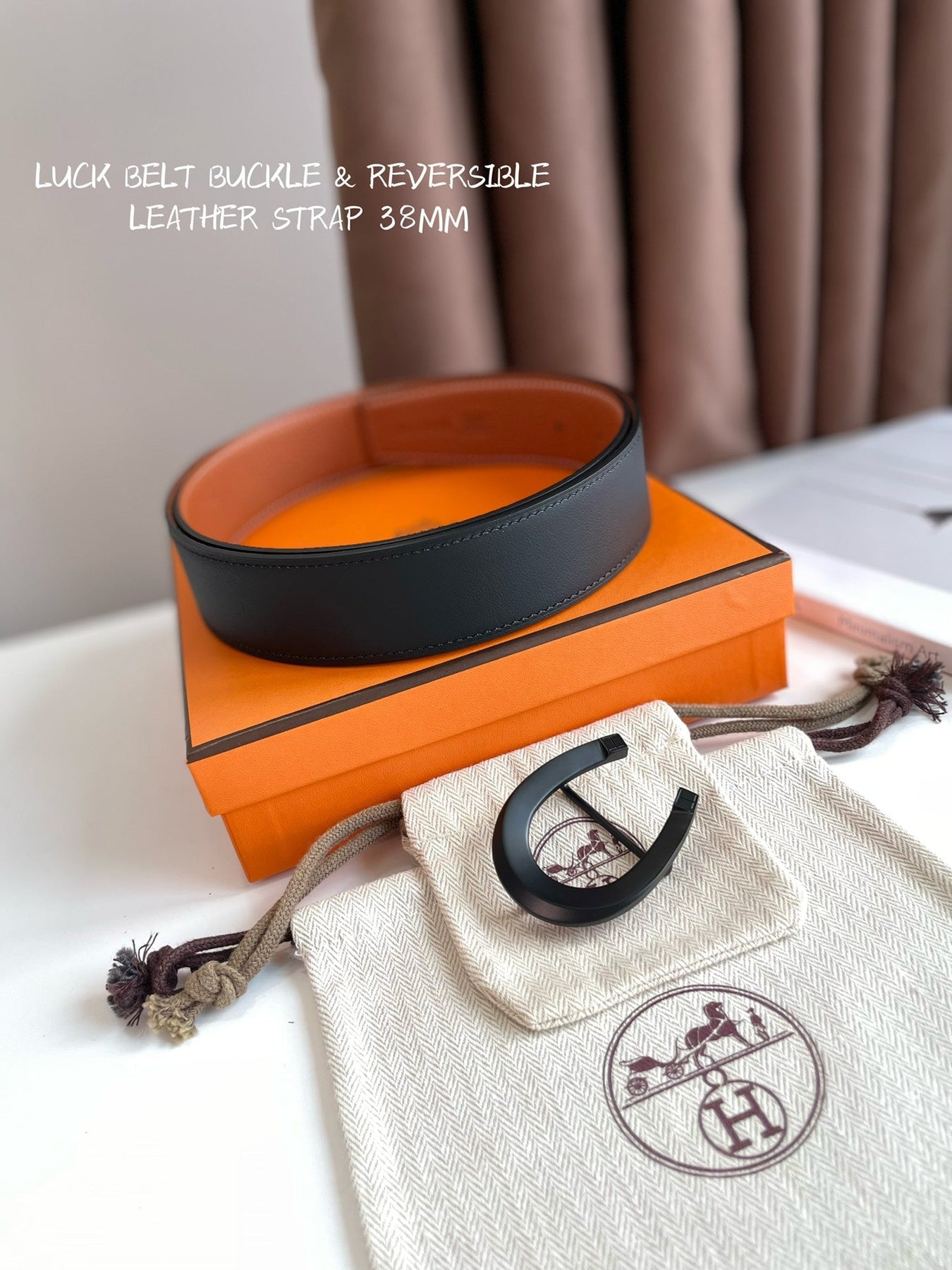 LUCK BELT BUCKLE & REVERSIBLE GINGER ORANGE LEATHER STRAP 38MM BLACK HARDWARE
