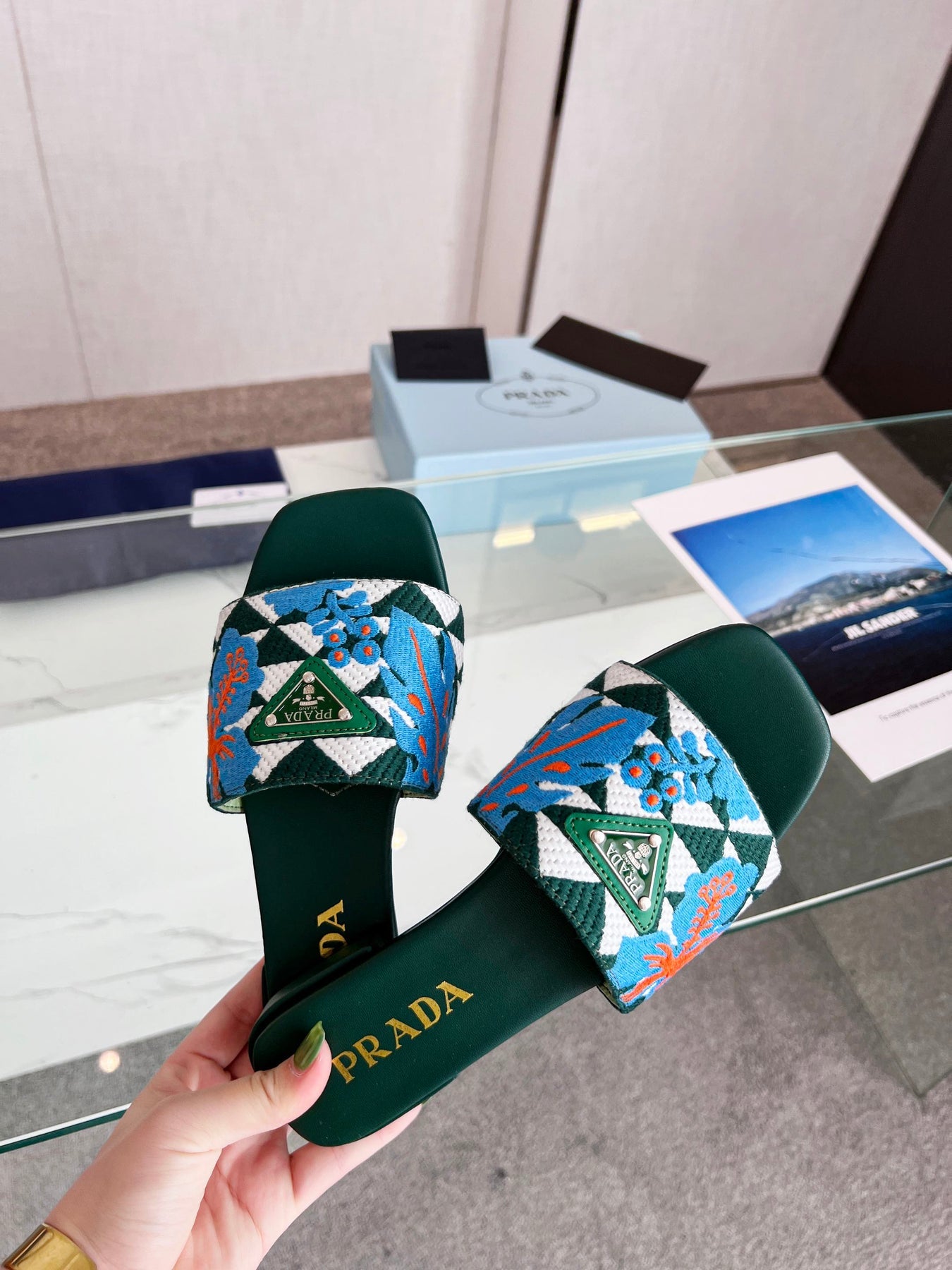 PRA EMBROIDERED SLIDES FLAT CASTLETON GREEN FABRIC