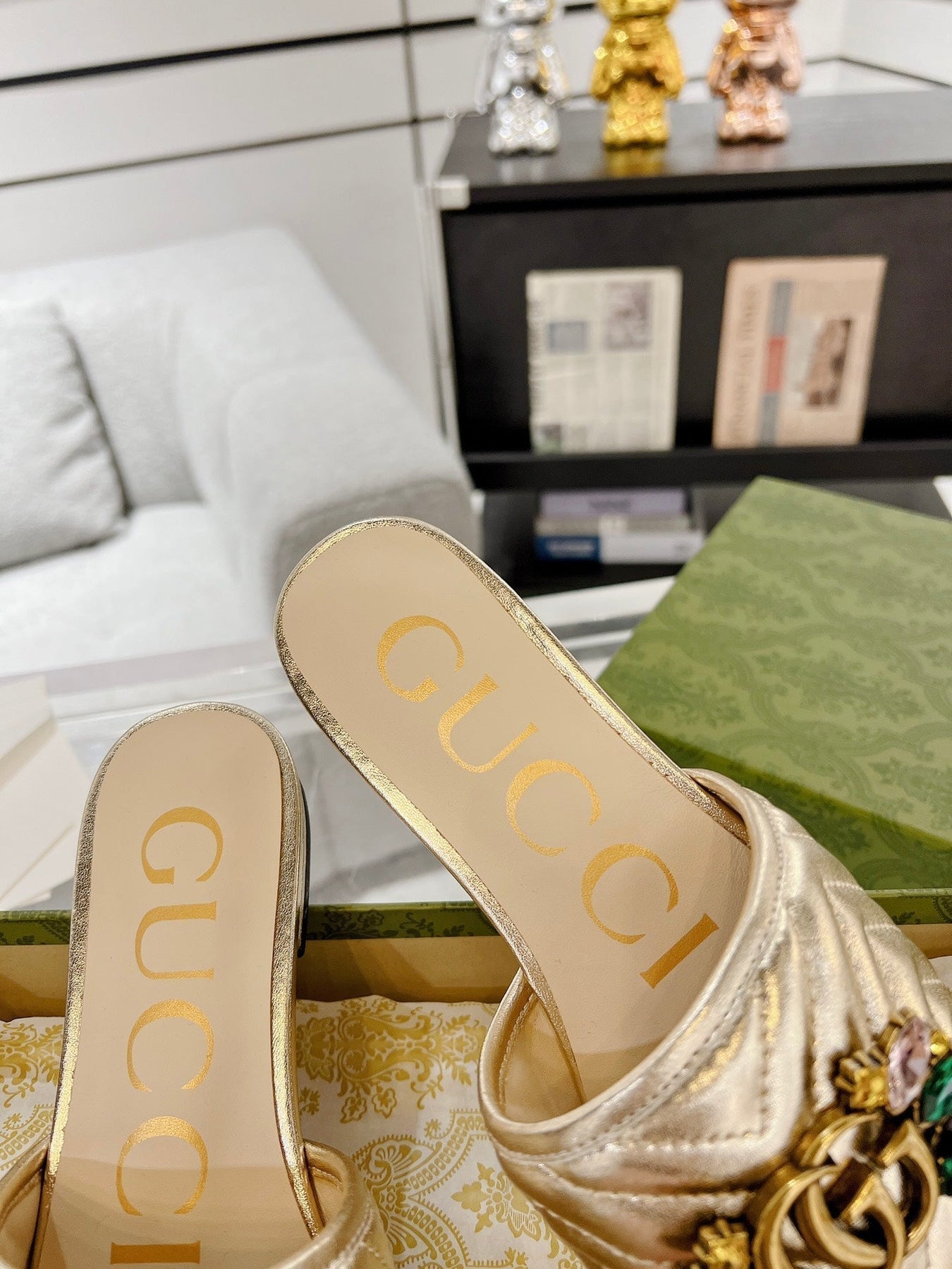 GG SPARKLE CRYSTAL SLIDE SANDAL METALLIC GOLD CALFSKIN