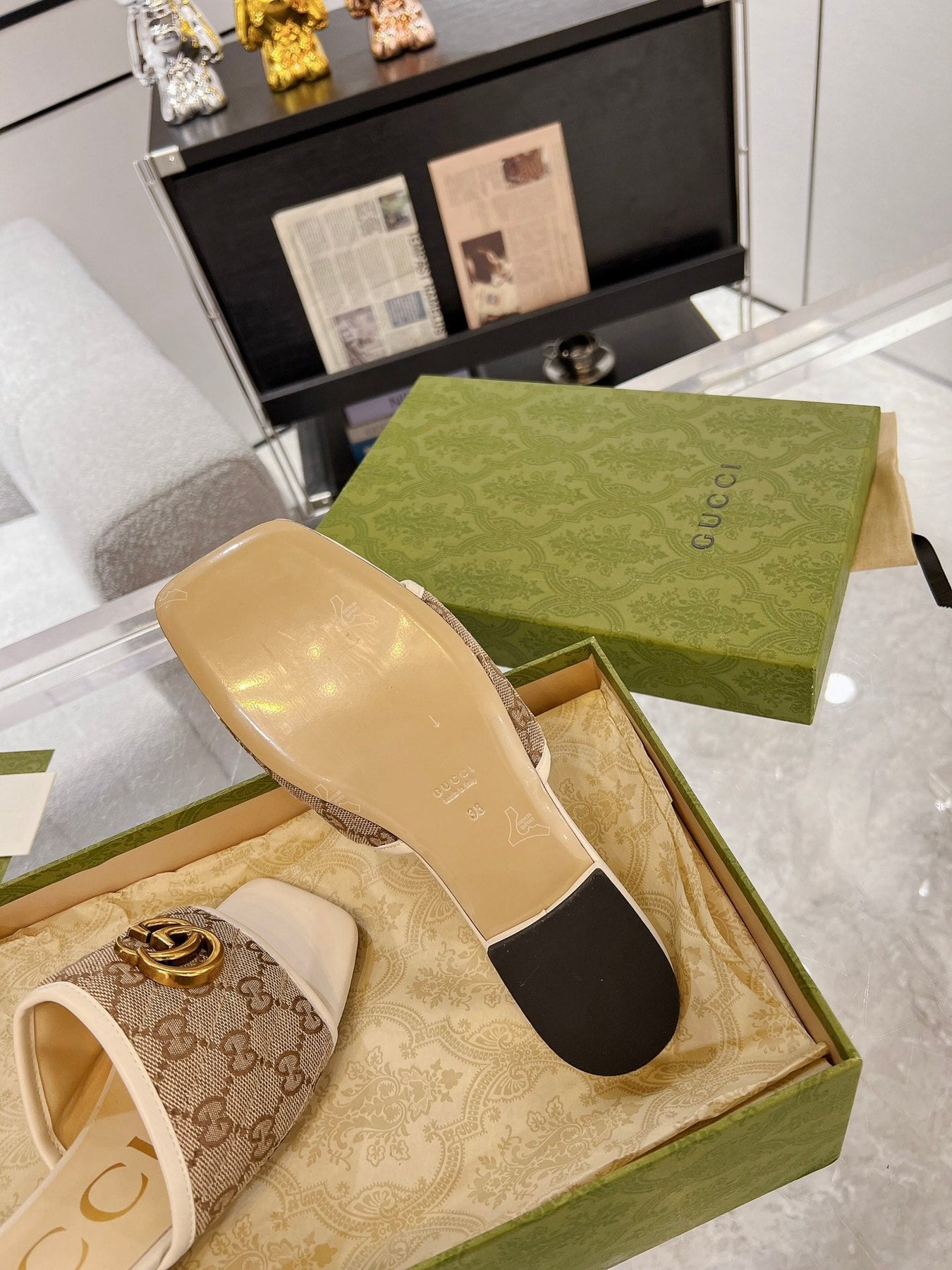 GG EXCLUSIVE SLIDE SANDAL IVORY AND BROWN FABRIC