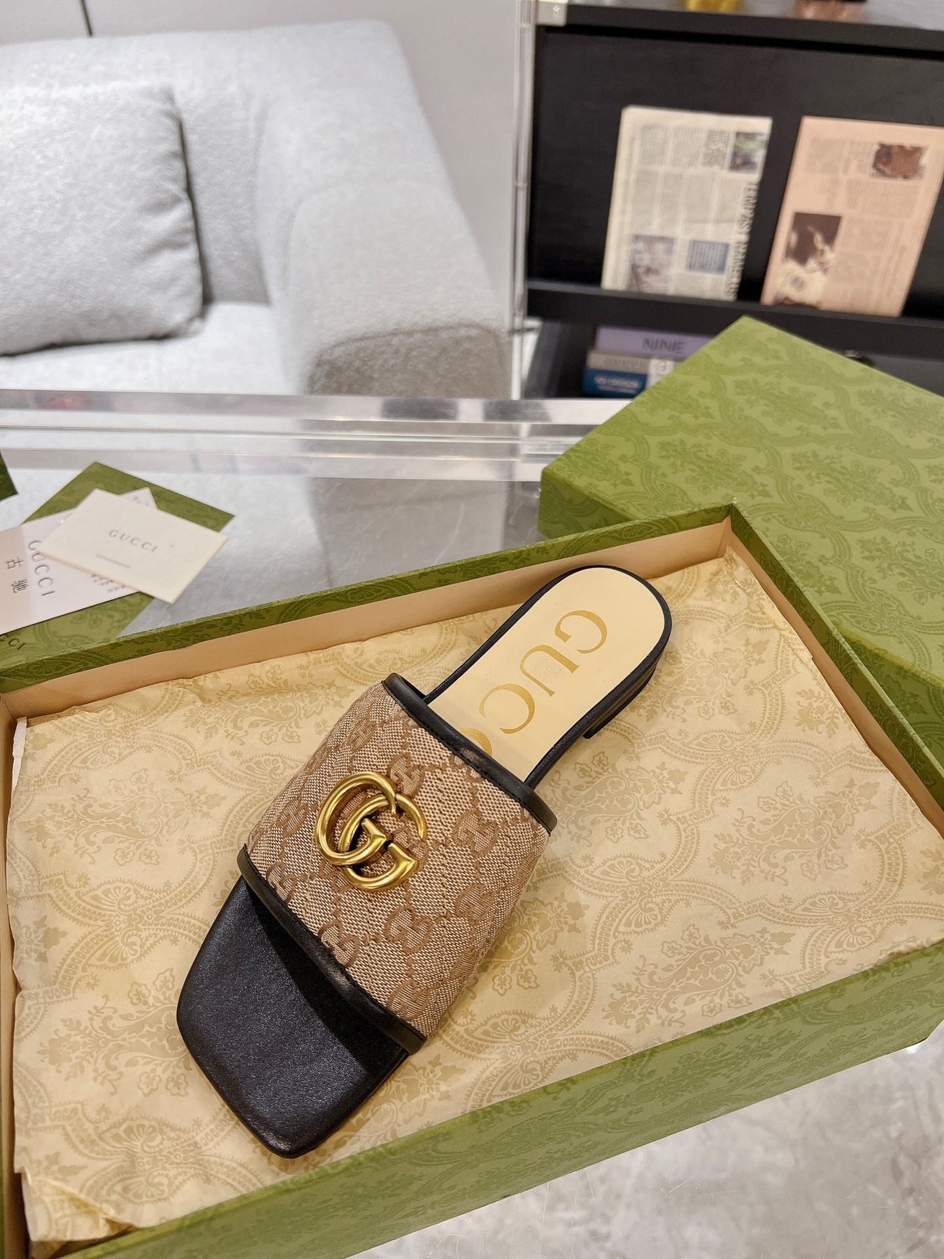 GG EXCLUSIVE SLIDE SANDAL BLACK AND BROWN FABRIC