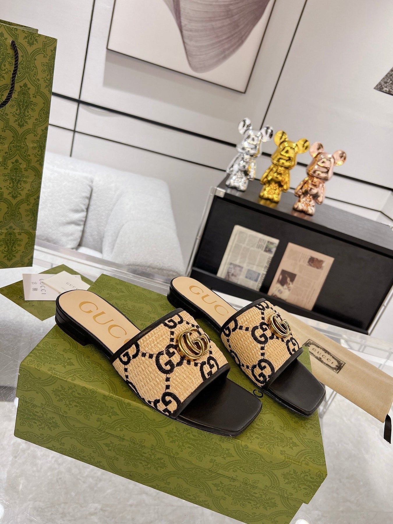 GG EXCLUSIVE SLIDE SANDAL BLACK AND CREAM SEDGE