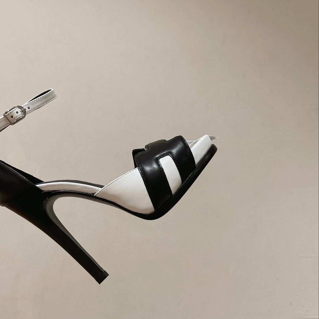 H - CLASSIC SANDAL 125 BLACK MIX WHITE LAMBSKIN