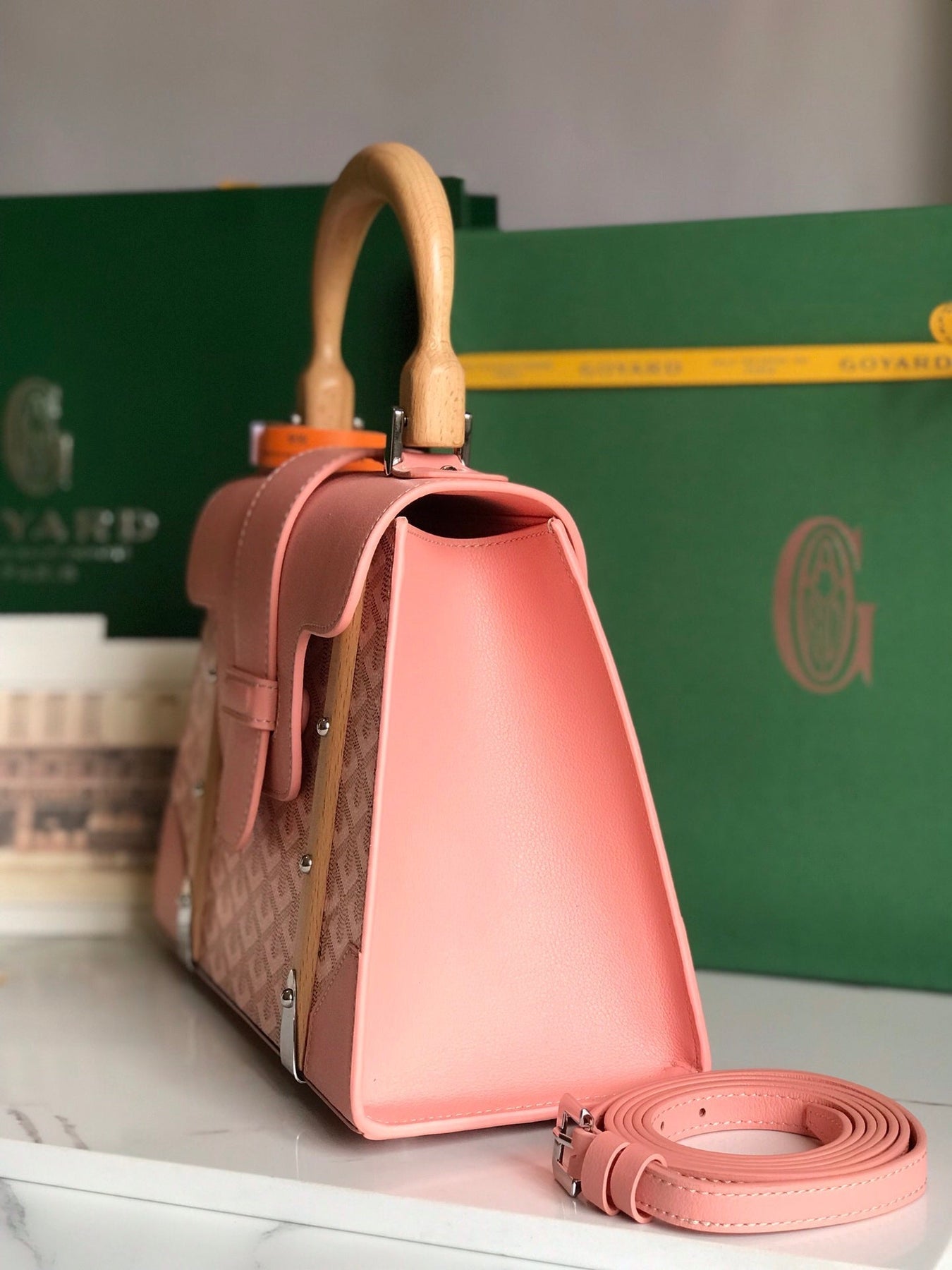 SAÏGON PM BAG 28 IN BABY PINK GOYARDINE CANVAS AND CALFSKIN