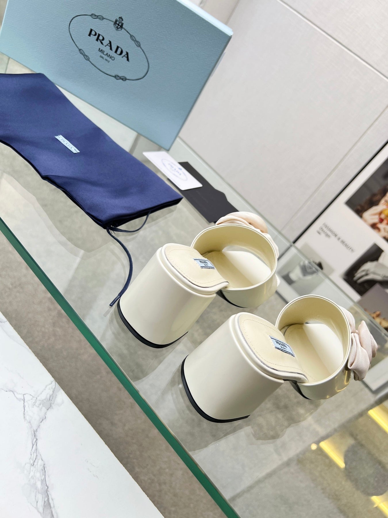 PRA FLOWER BLOCK HEELS 75 IVORY CALFSKIN