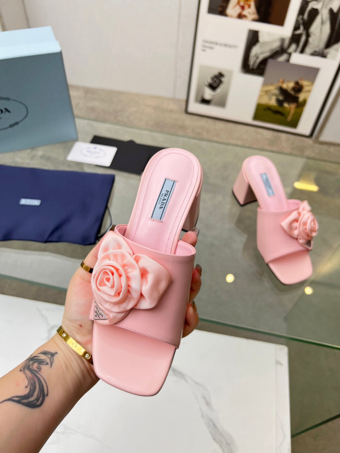 PRA FLOWER BLOCK HEELS 75 LIGHT PINK CALFSKIN