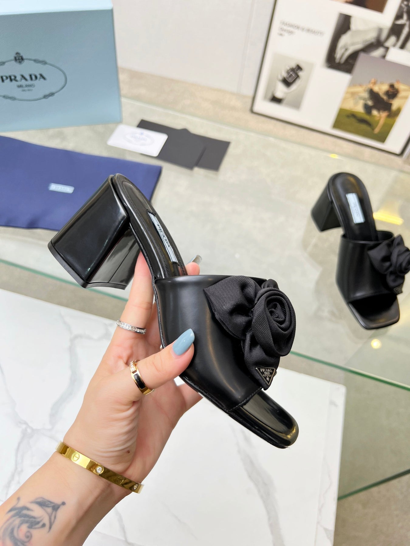 PRA FLOWER BLOCK HEELS 75 BLACK CALFSKIN