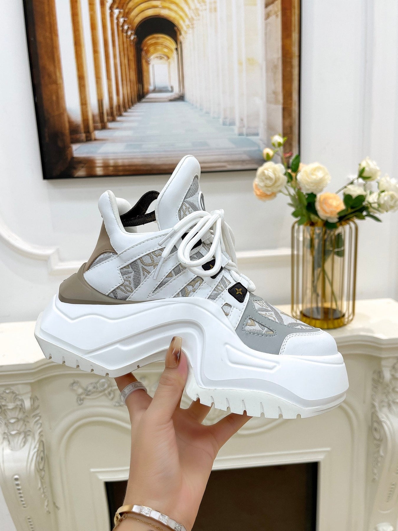 LV ARCHLIGHT 2.0 PLATFORM SNEAKER IN WHITE MIX DOVE GRAY MIX OF MATERIALS