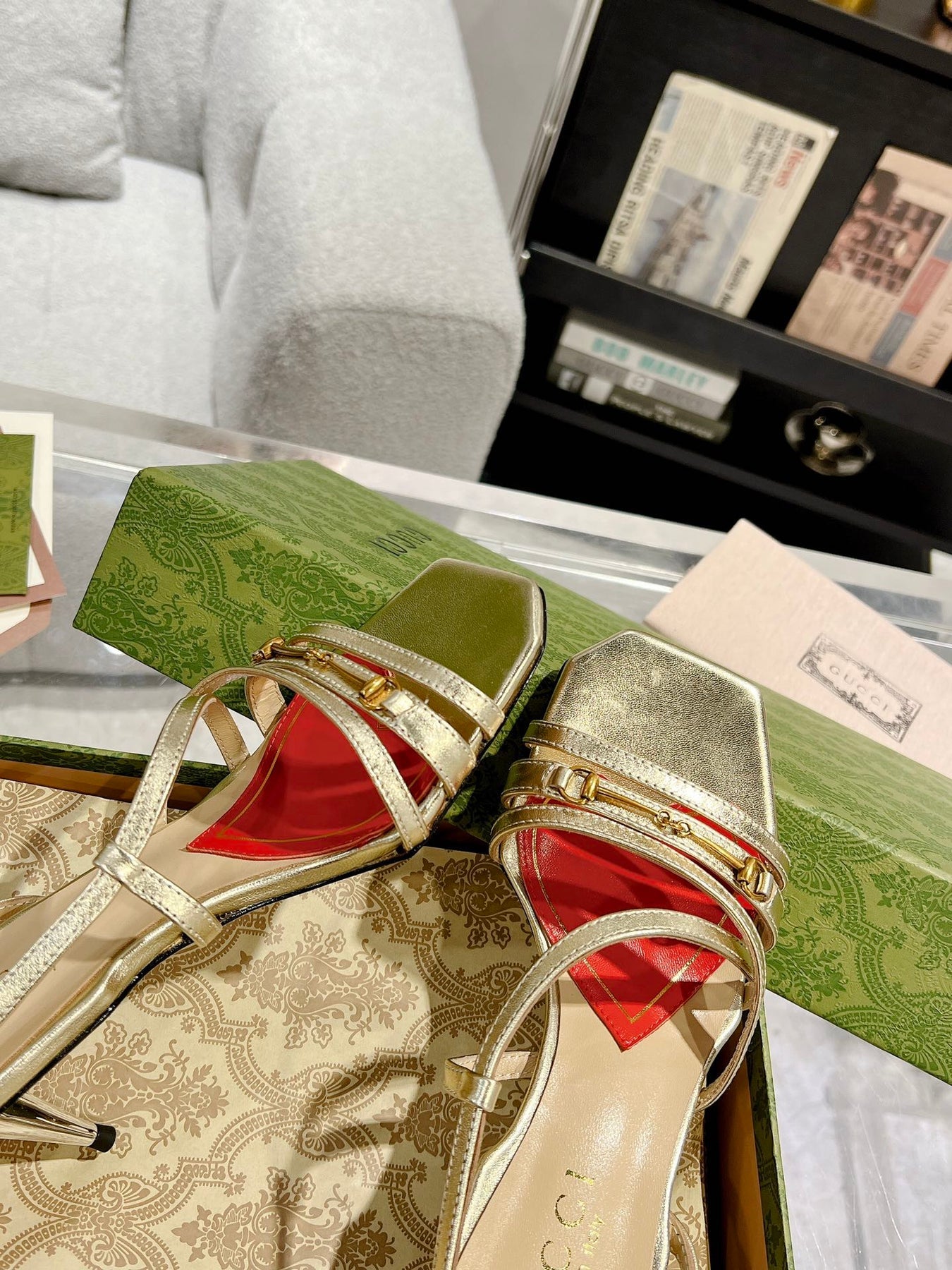 GG CLASSIC STRAPPY HEEL SANDAL METALLIC GOLD CALFSKIN