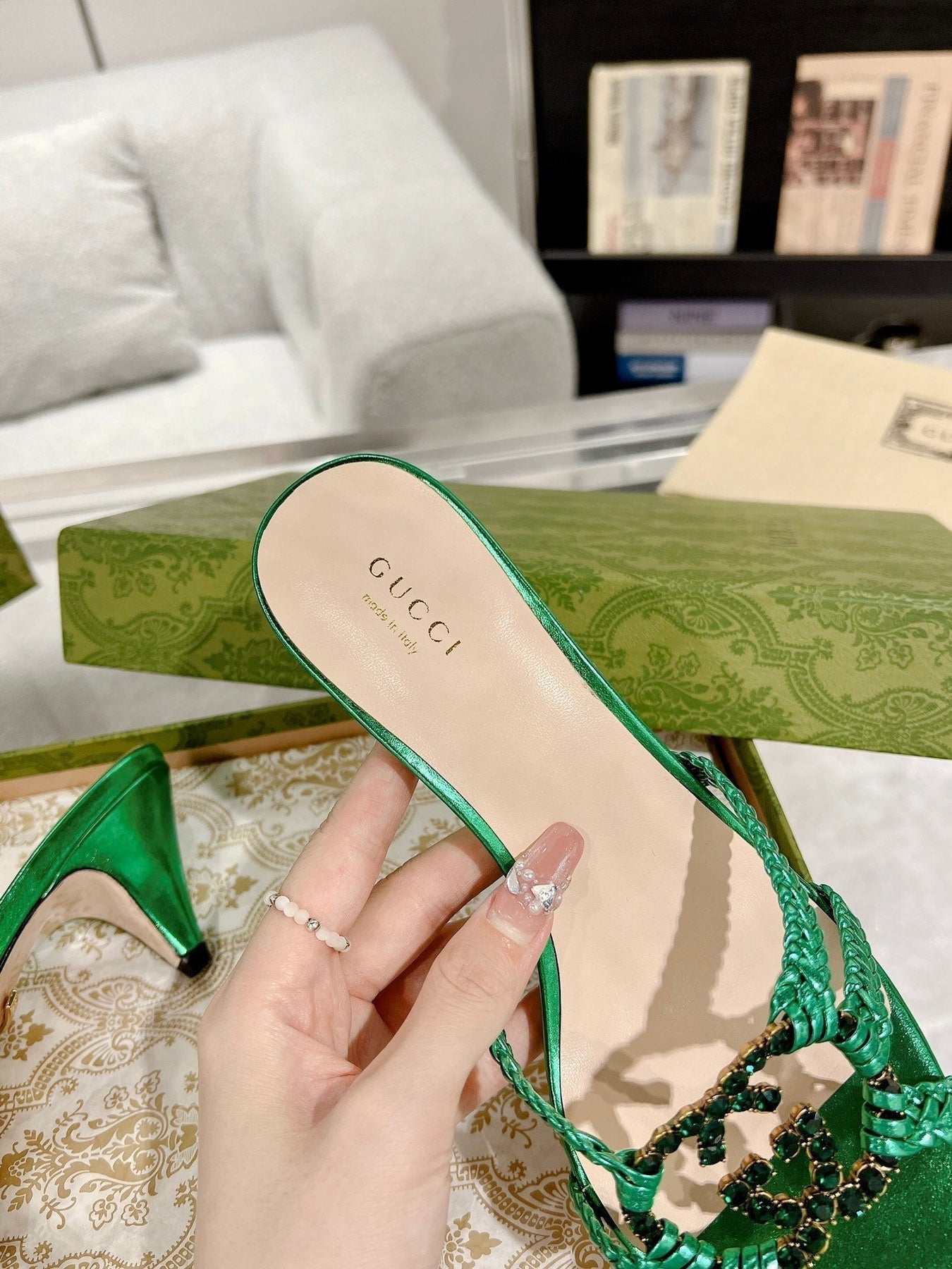 GG CRYSTAL MID - HEEL JADE GREEN CALFSKIN