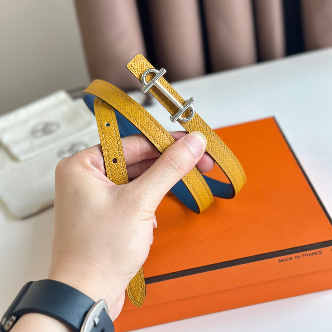 HM GAMMA BUCKLE & REVERSIBLE GOLDEN AND BLUE LEATHER STRAP 13MM SILVER HARDWARE