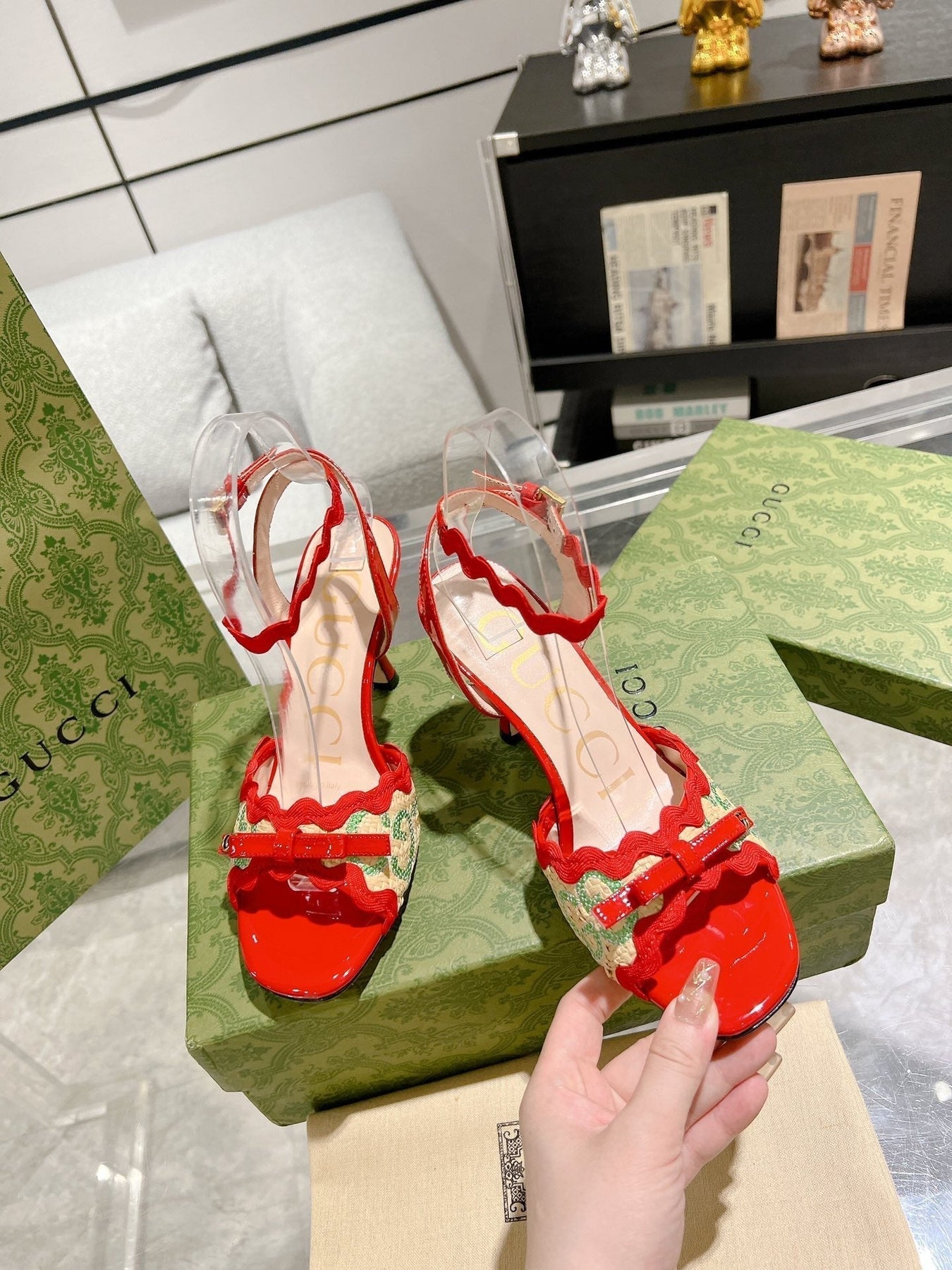 GG HIGH - HEEL SANDAL CRIMSON FABRIC ATTACH BOW