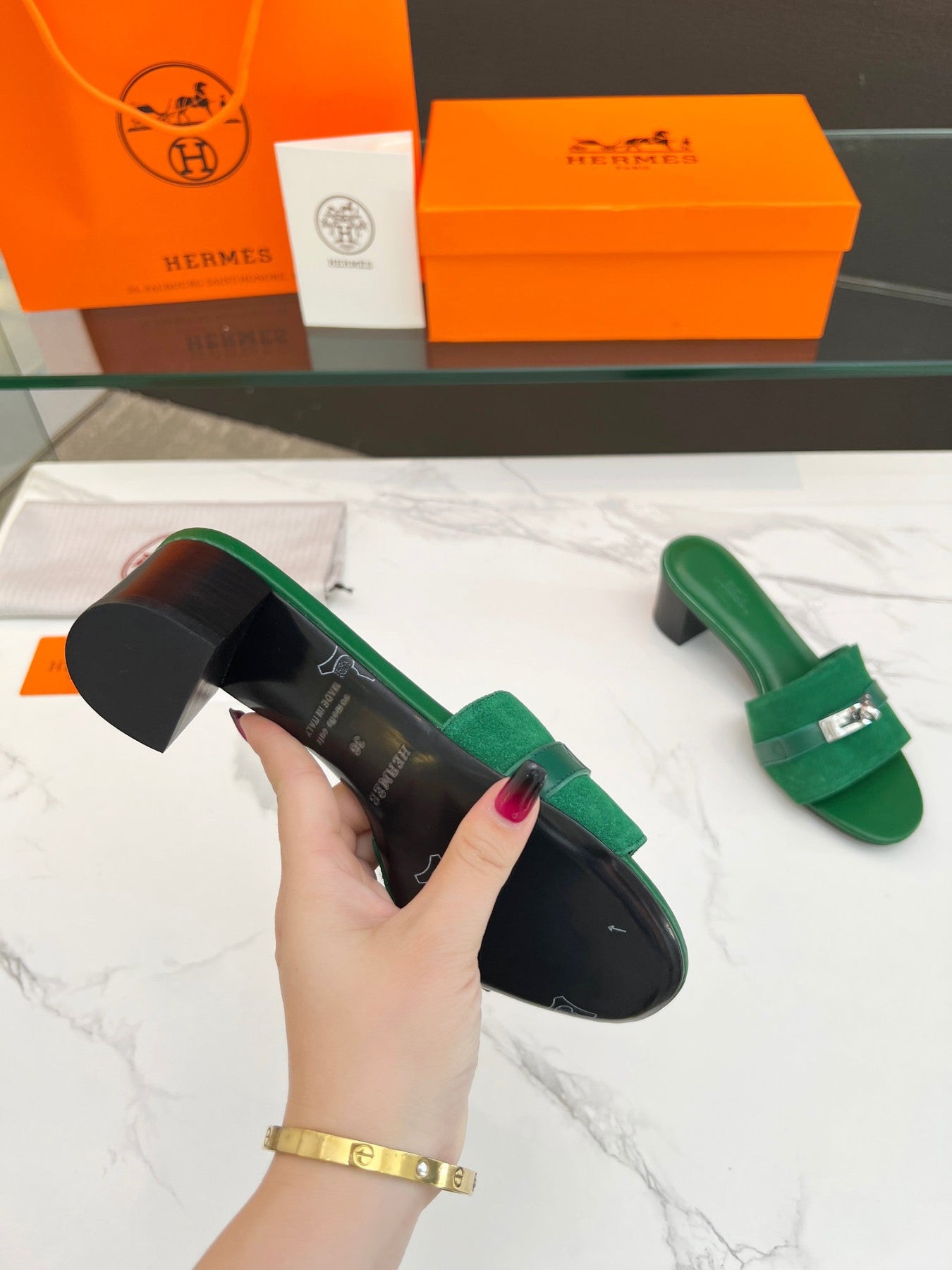 Gigi 50 Sandal Green Suede Green Calfskin