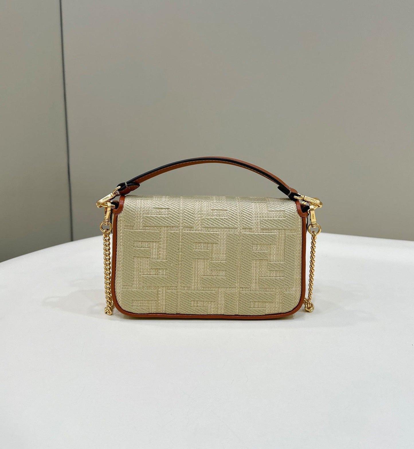 FENDI 19 BAGUETTE BAG IN FLAX YELLOW CANVAS WITH GOLD HARDWARE