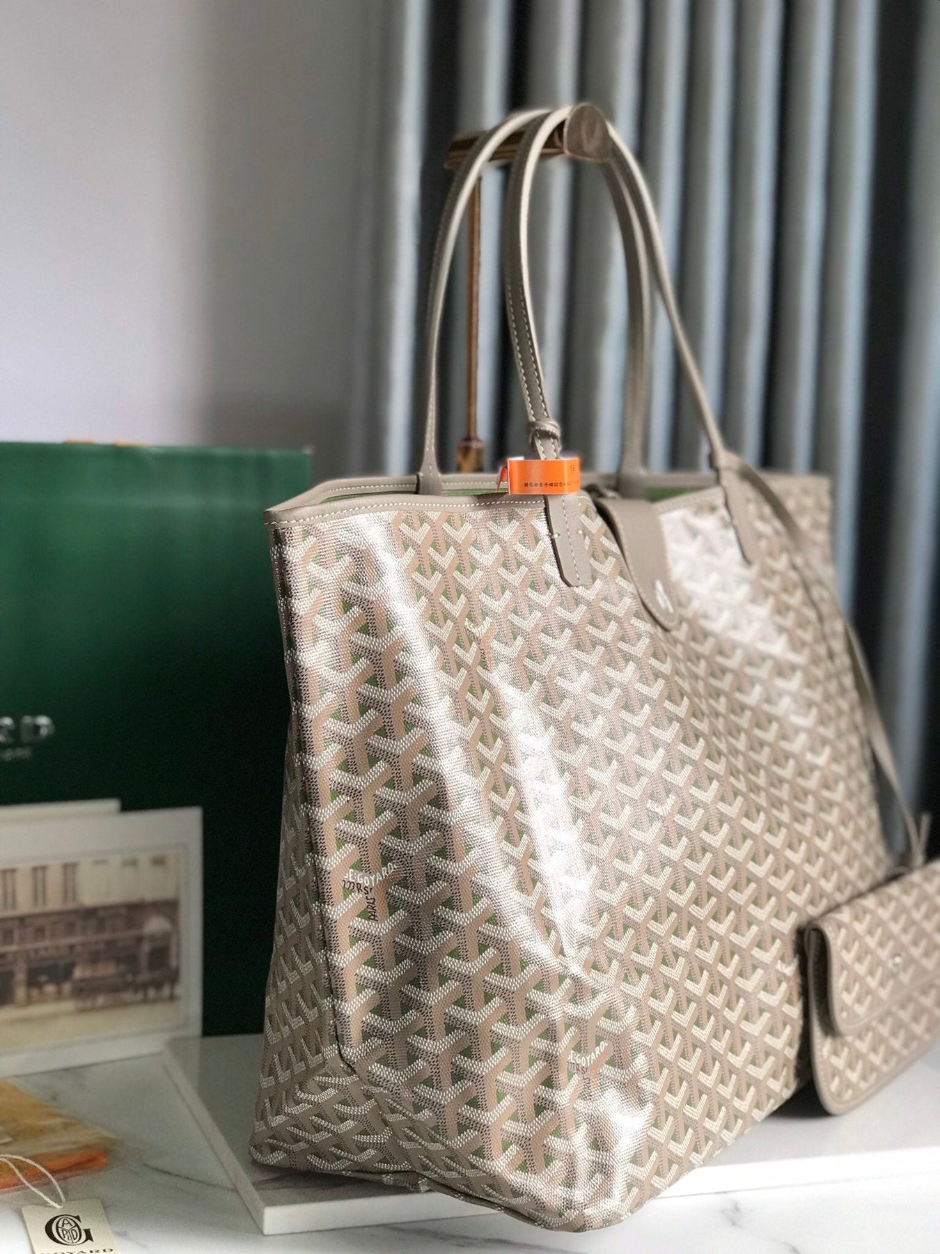 SAINT LOUIS PM 34 IN GREY MIX GREEN GOYARDINE CANVAS AND CALFSKIN