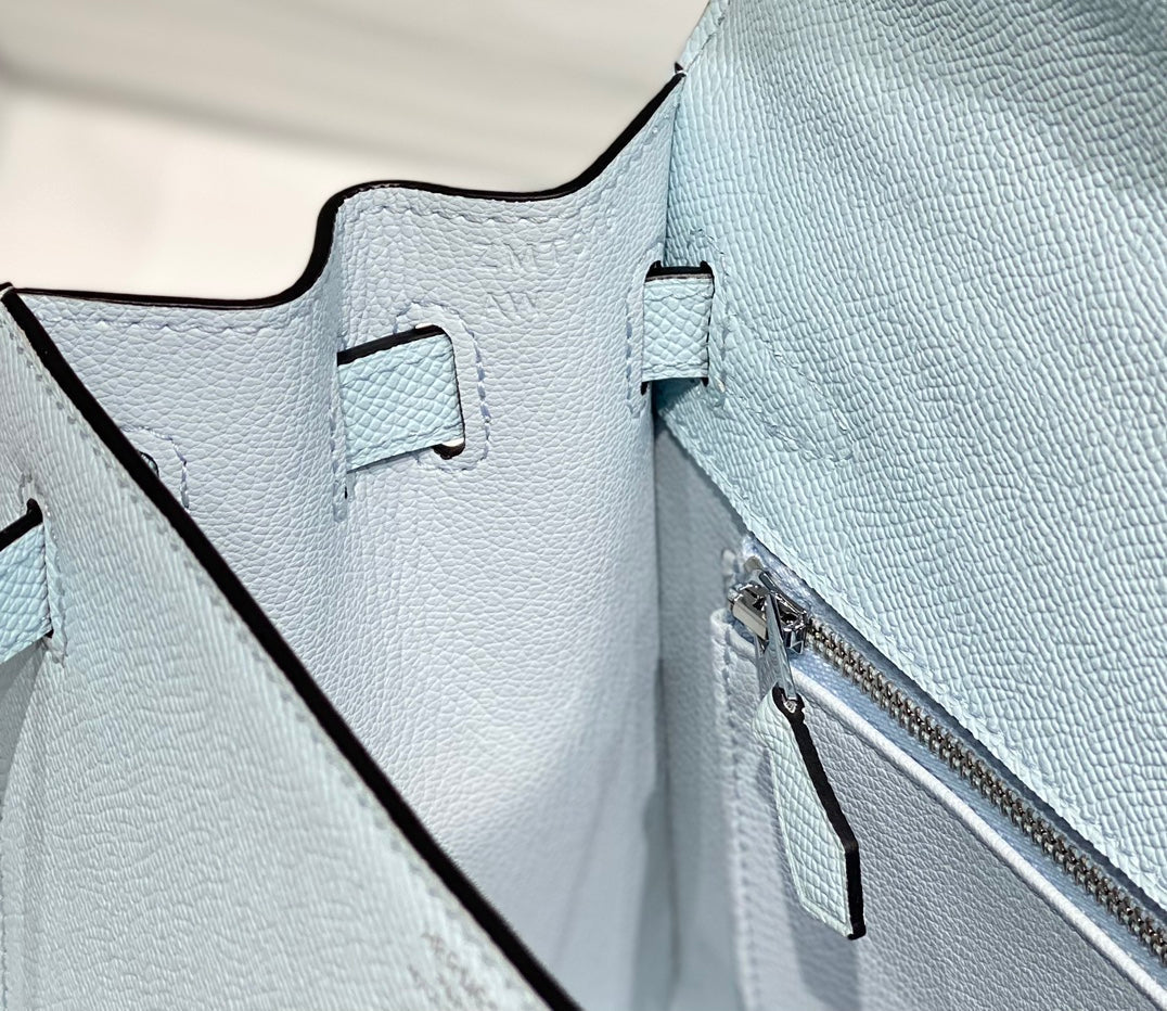 KELLY 28CM IN BLUE BRUME EPSOM CALFSKIN PALLADIUM HARDWARE