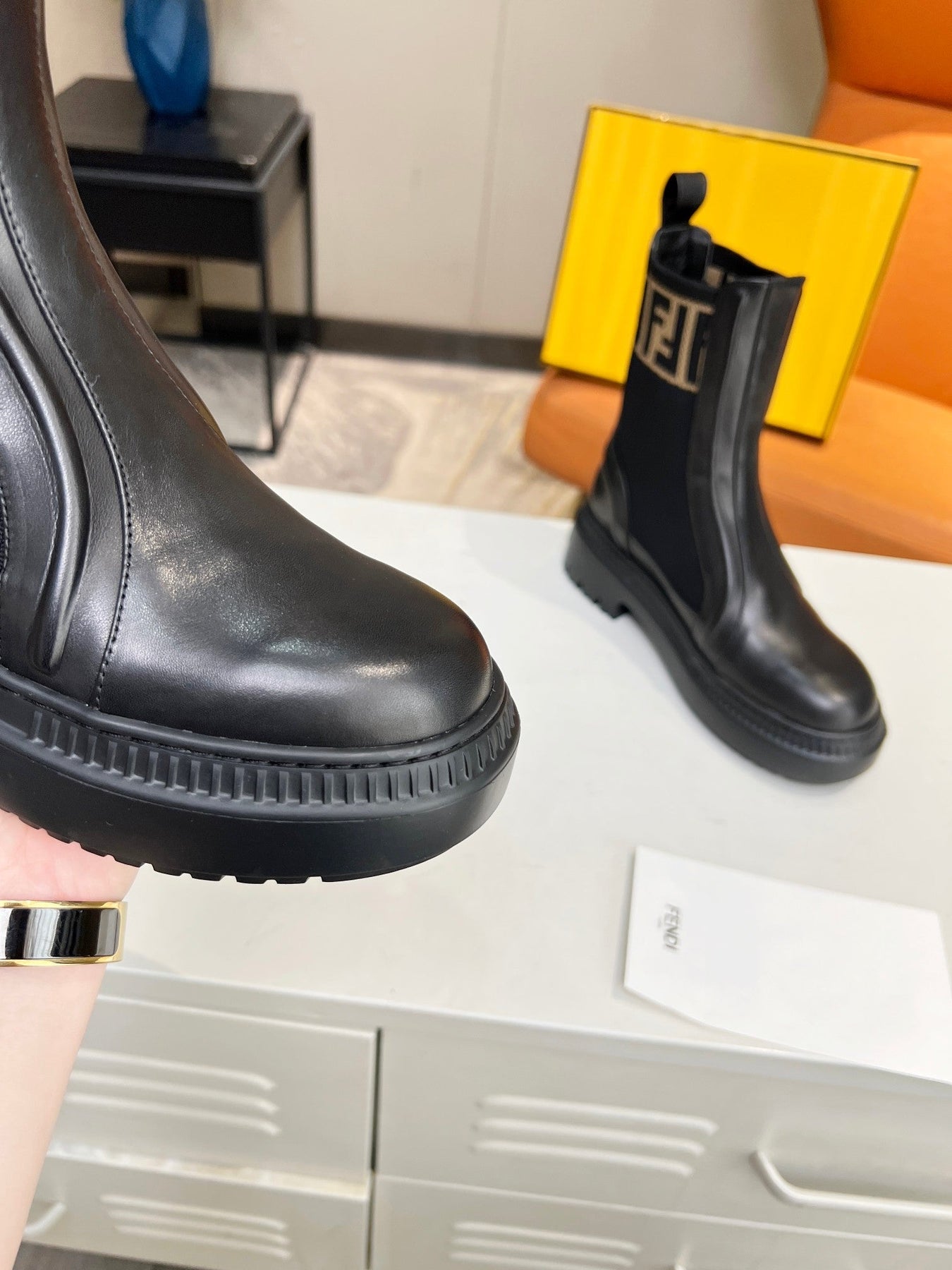 FENDI ROCKOKO BIKER BOOTS IN BLACK CALFSKIN WITH STRETCH FABRIC