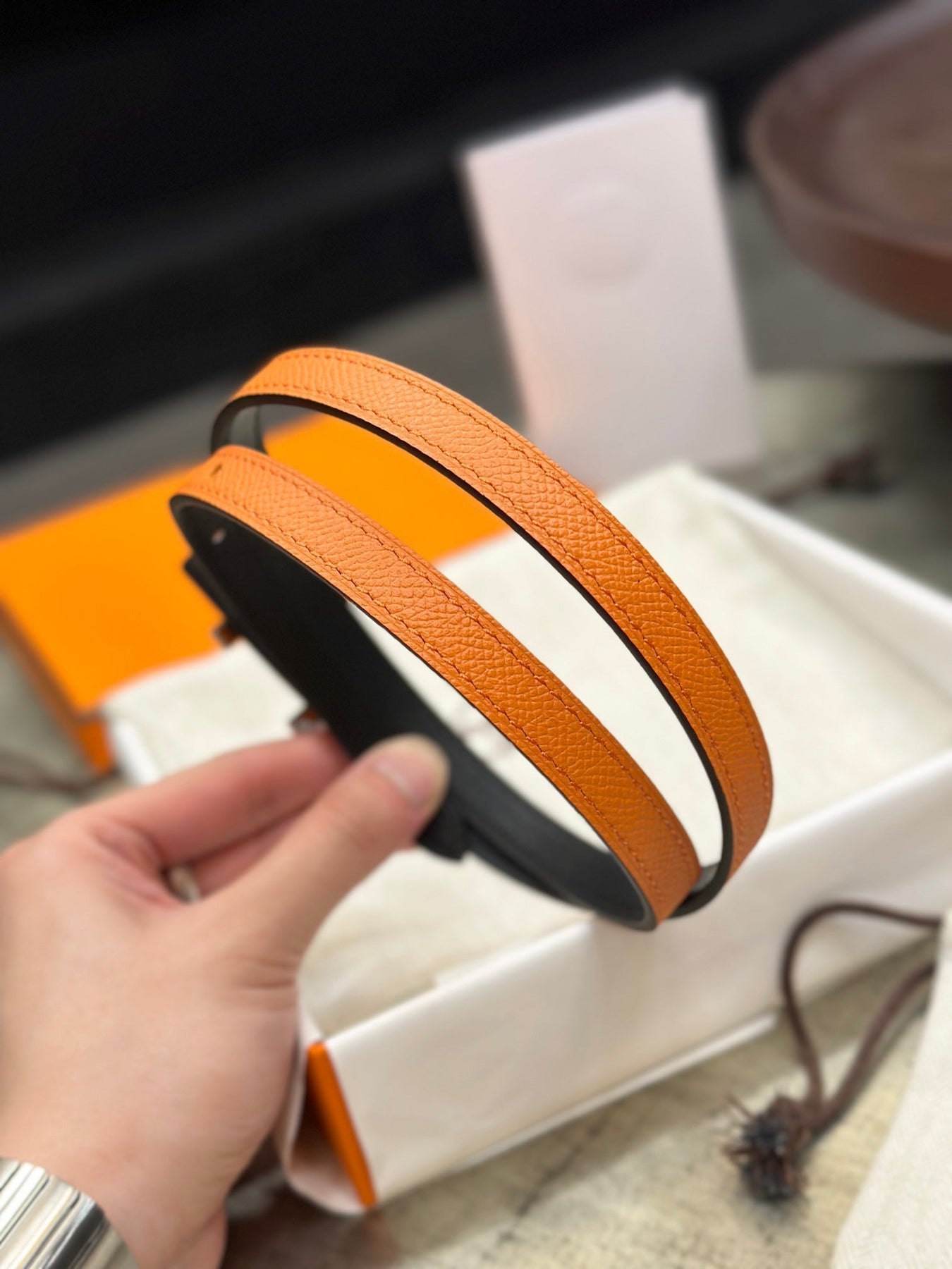 HM FOCUS BUCKLE & REVERSIBLE ORANGE AND BLACK LEATHER STRAP 13MM SILVER HARDWARE