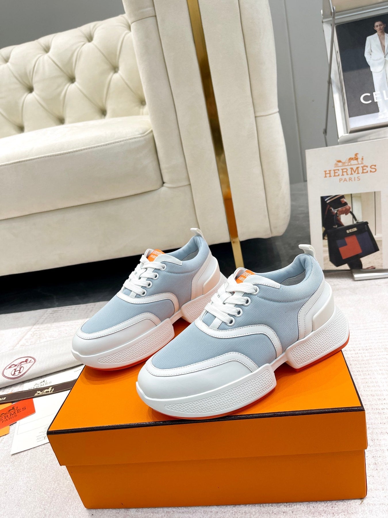 GIGA SNEAKER IN POWDER BLUE STITCHED MESH AND WHITE CALFSKIN