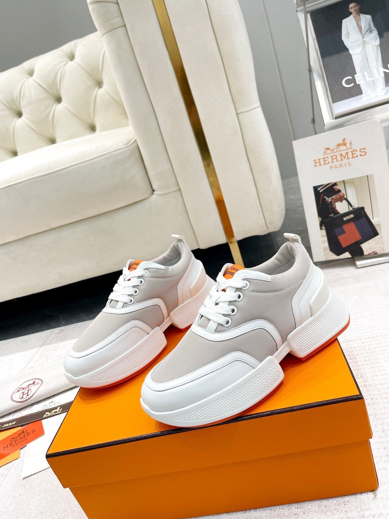 GIGA SNEAKER IN HARBOR GRAY STITCHED MESH AND WHITE CALFSKIN