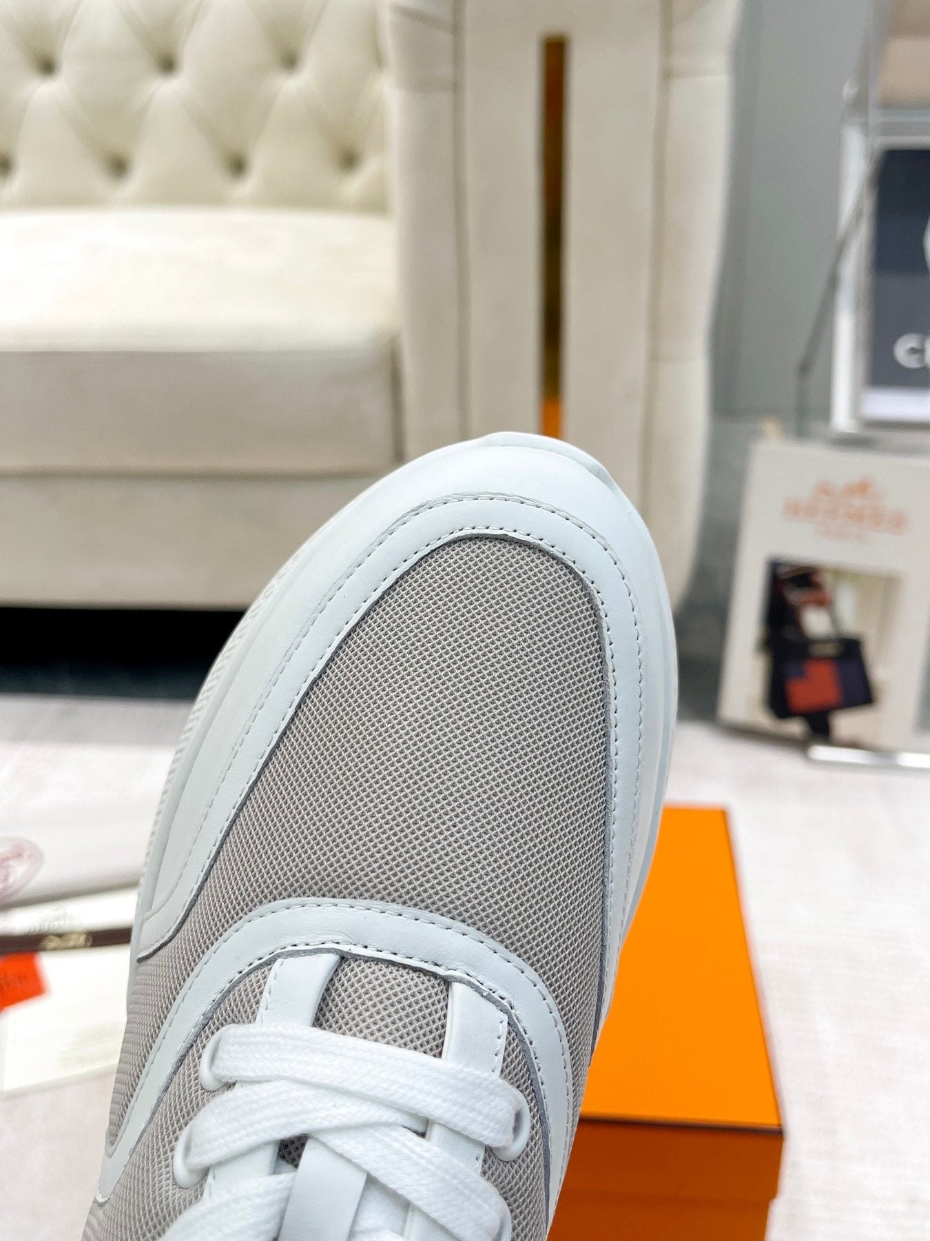 GIGA SNEAKER IN HARBOR GRAY STITCHED MESH AND WHITE CALFSKIN