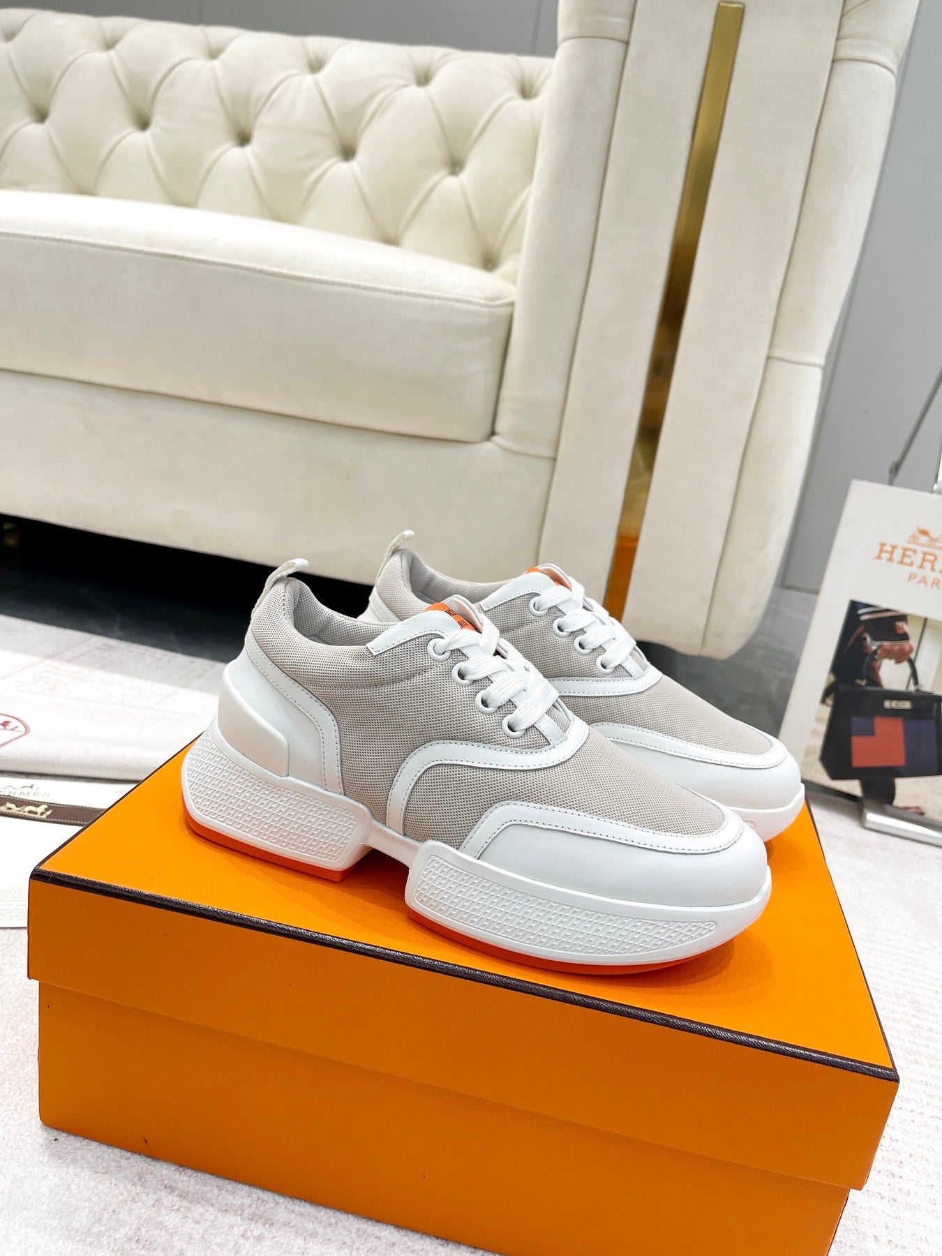 GIGA SNEAKER IN HARBOR GRAY STITCHED MESH AND WHITE CALFSKIN